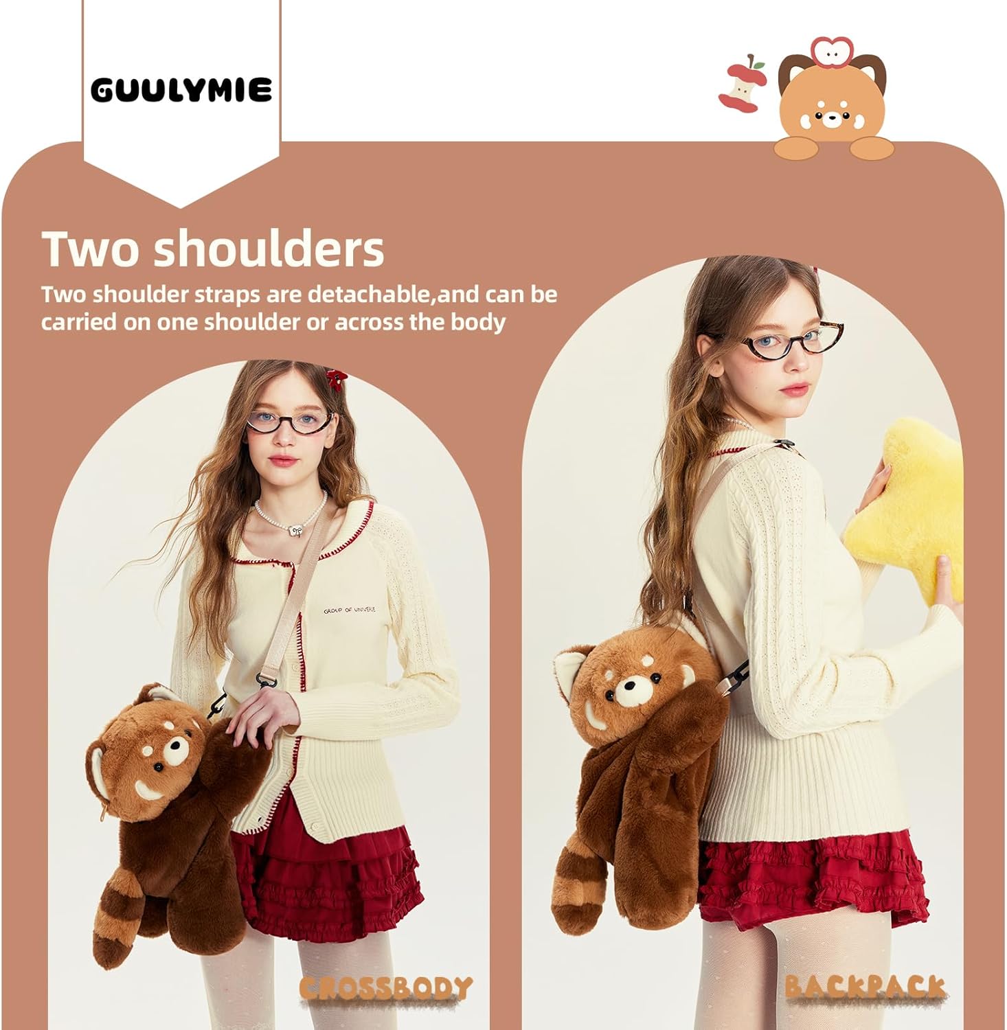 Plush Backpack 16 Inch Cute Red Panda Handmade Stuffed Animal Backpack with Tail Design Soft Lightweight Crossbody & Shoulder Bag Adjustable Straps Perfect for Daily Use, Photos, Gifts for Women