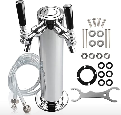 PERA Torre de cerveza de doble grifo, dispensador de barril de cerveza de acero inoxidable de 3 pulgadas de diámetro con llave y línea de cerveza