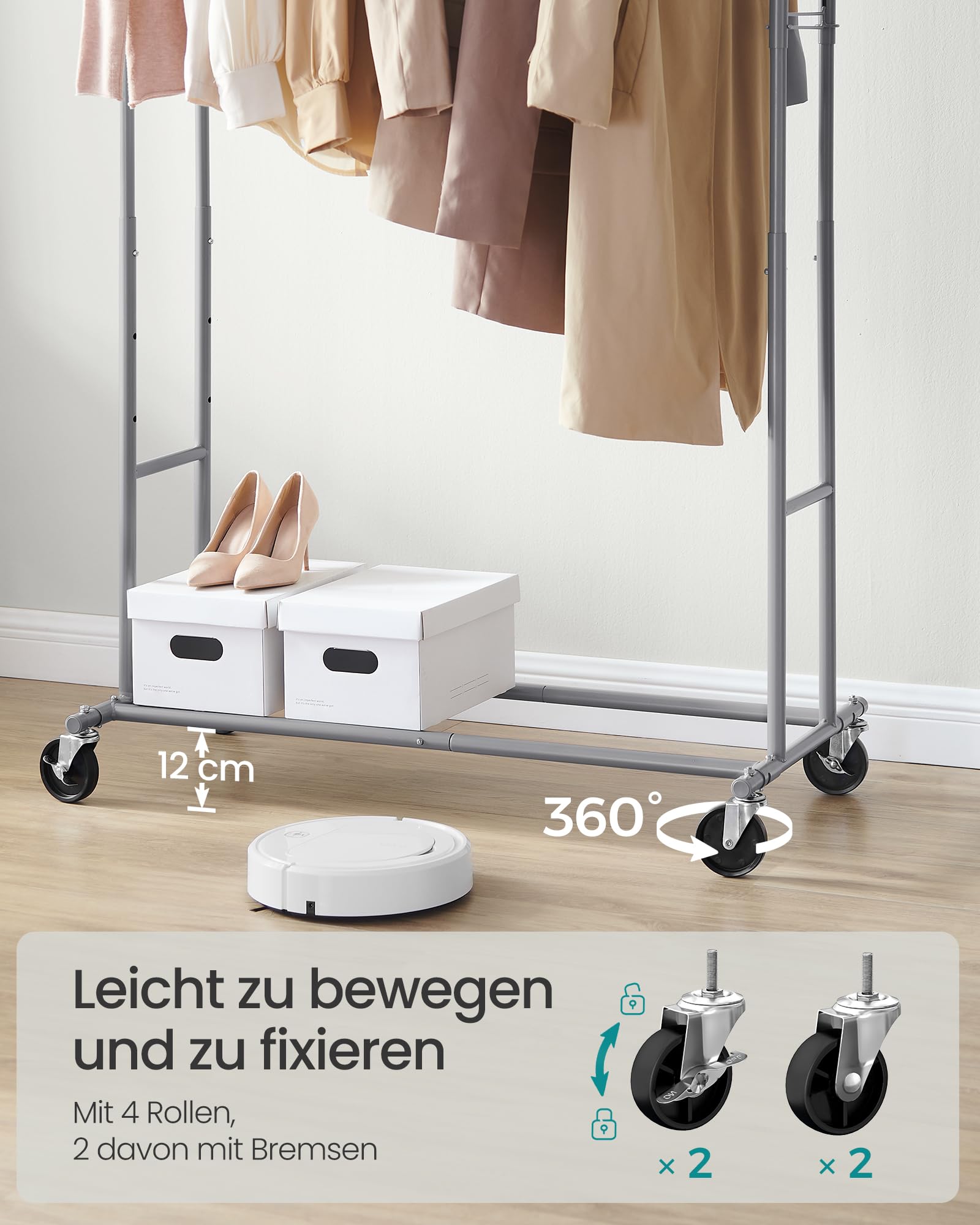 SONGMICS Kleiderständer auf Rollen, Garderobenständer aus Metall, Garderobenstange, Kleiderstange ausziehbar, höhenverstellbar… – Ansicht 5