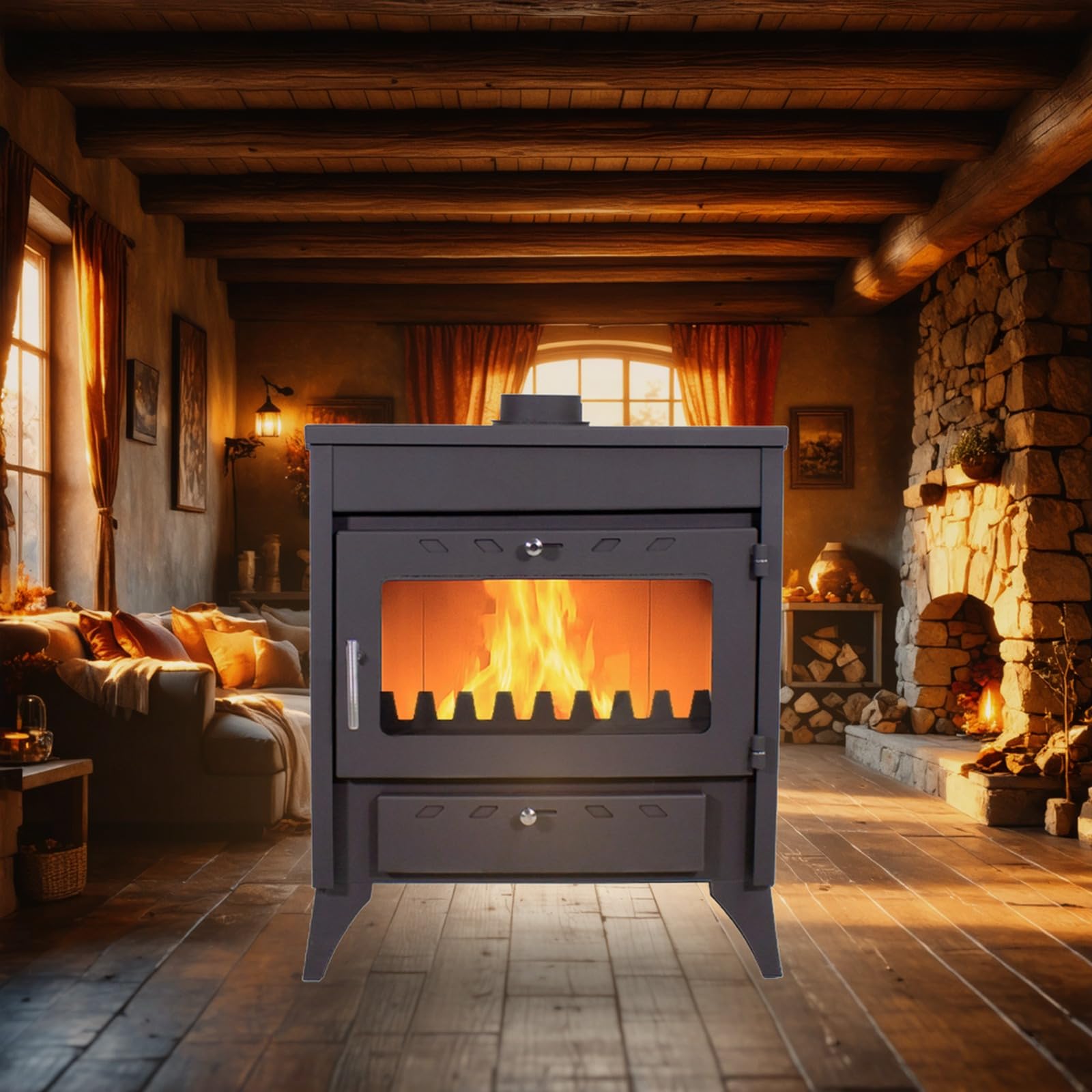 EIDER BIOMASA Estufa de Leña CAPRI – 16,28 kW – Con Parrilla para Cocinar – Rendimiento 78% – Hasta 315 m³ – Doble Combustión – Hierro Fundido – Clase A