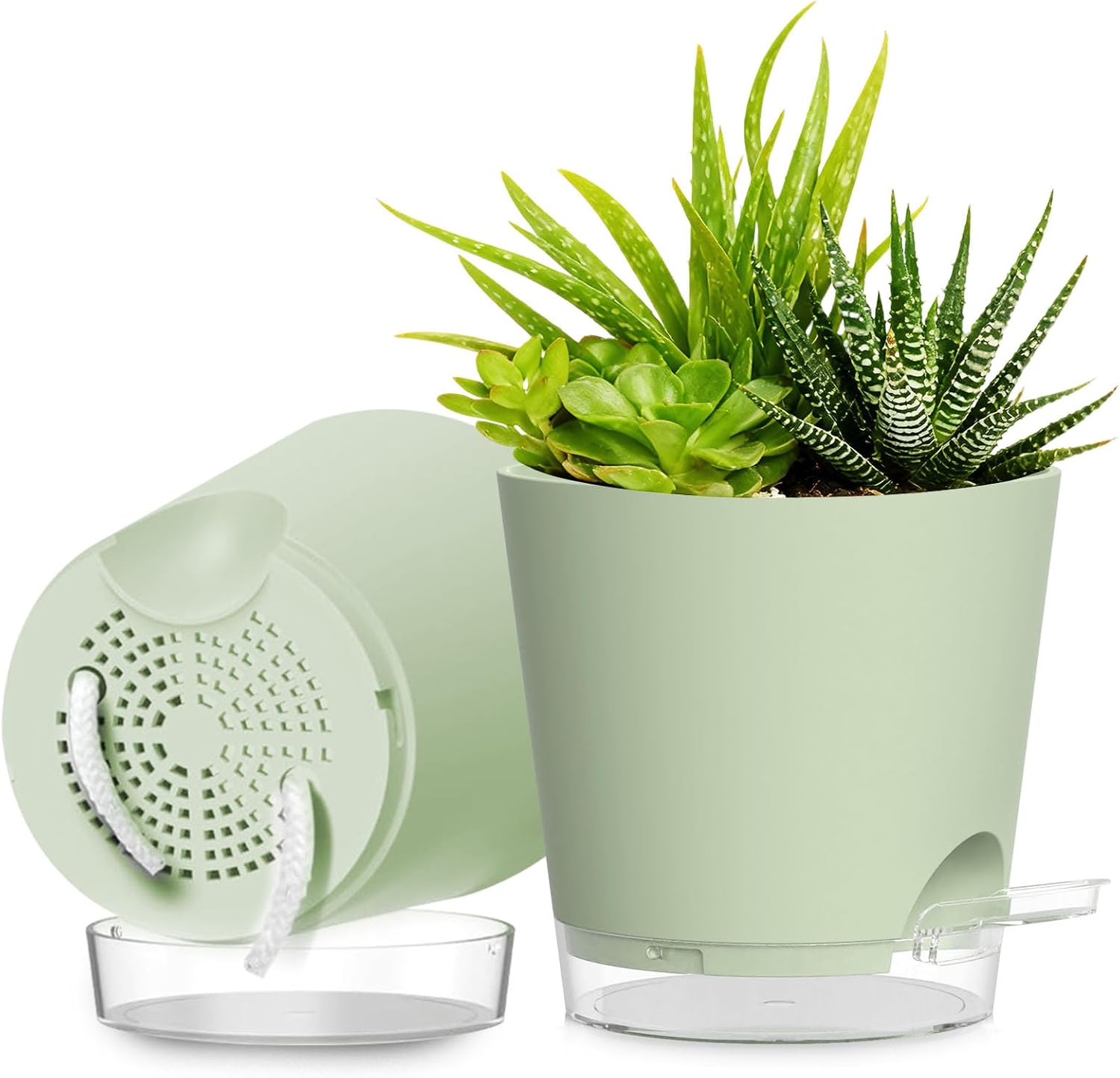 Plant Pots 8 Inch Self Watering Pots, 2 Pack Plastic Planters with Drainage Holes and Clear Saucers,Plastic Flower Pots for Indoor Out Door Plants (Green)