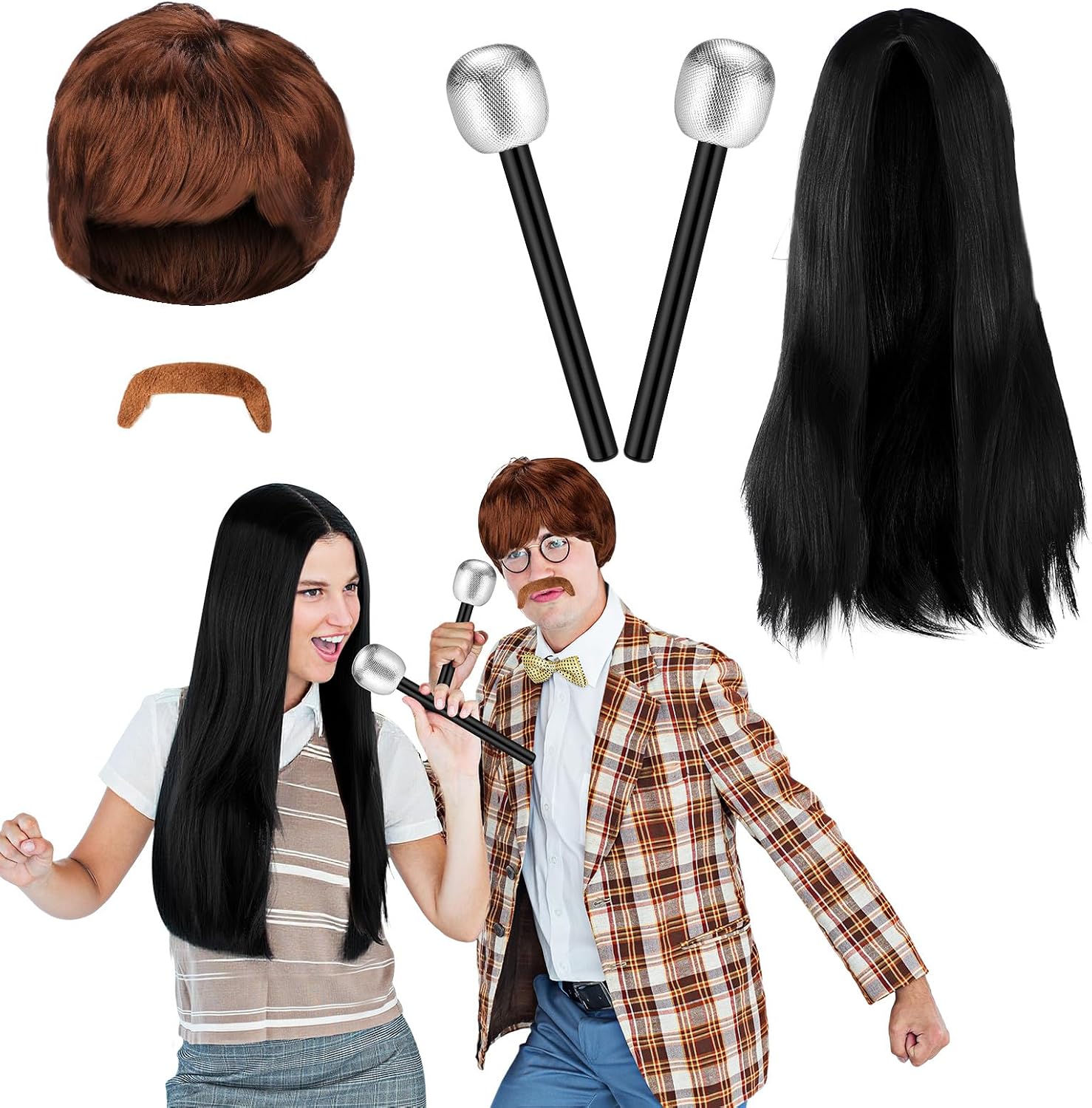 5 Pcs Pop Singer Couple Hippie Costume Set Halloween Cosplay | 60s 70s Musical Duo Rock Costume Accessories, 2 Wig 2 Glitter Microphone Prop with Mustache, for Adults Cosplay Party