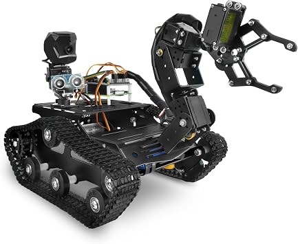 Robot Car Kit with 4DOF Robotic Arm, Aluminum Alloy Tracked Chassis Kit, Smart Robot Car with Robotic Arm, APP/PC WiFi/Bluetooth Control Black, Without Raspberry Pi