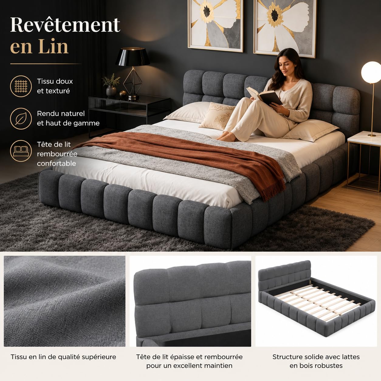 Lit double capitonné 140x190, lit Bubble avec sommier à lattes, tête de lit rembourrée, lit double élégant, idéal pour les chambres d'adolescents et les chambres d'hôtes (Lin gris, sans matelas)