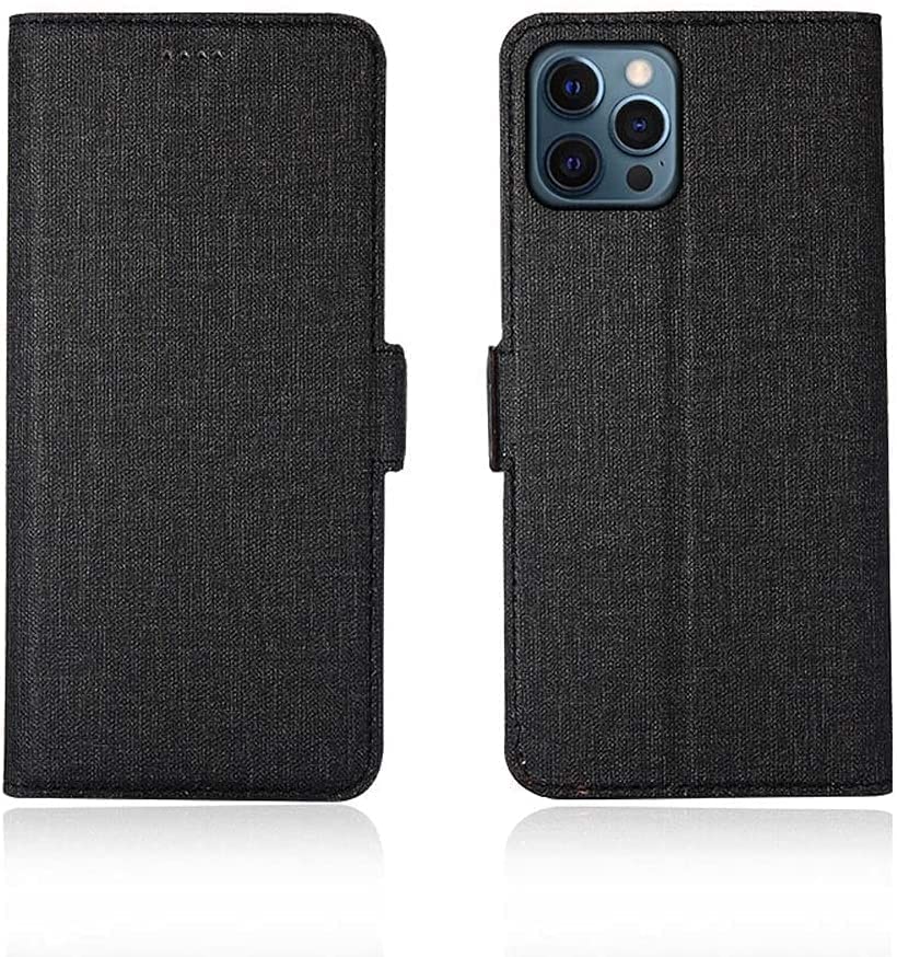 Funda de lino y algodón para Apple iPhone 12 Pro Max de 6.7 pulgadas estilo libro negro
