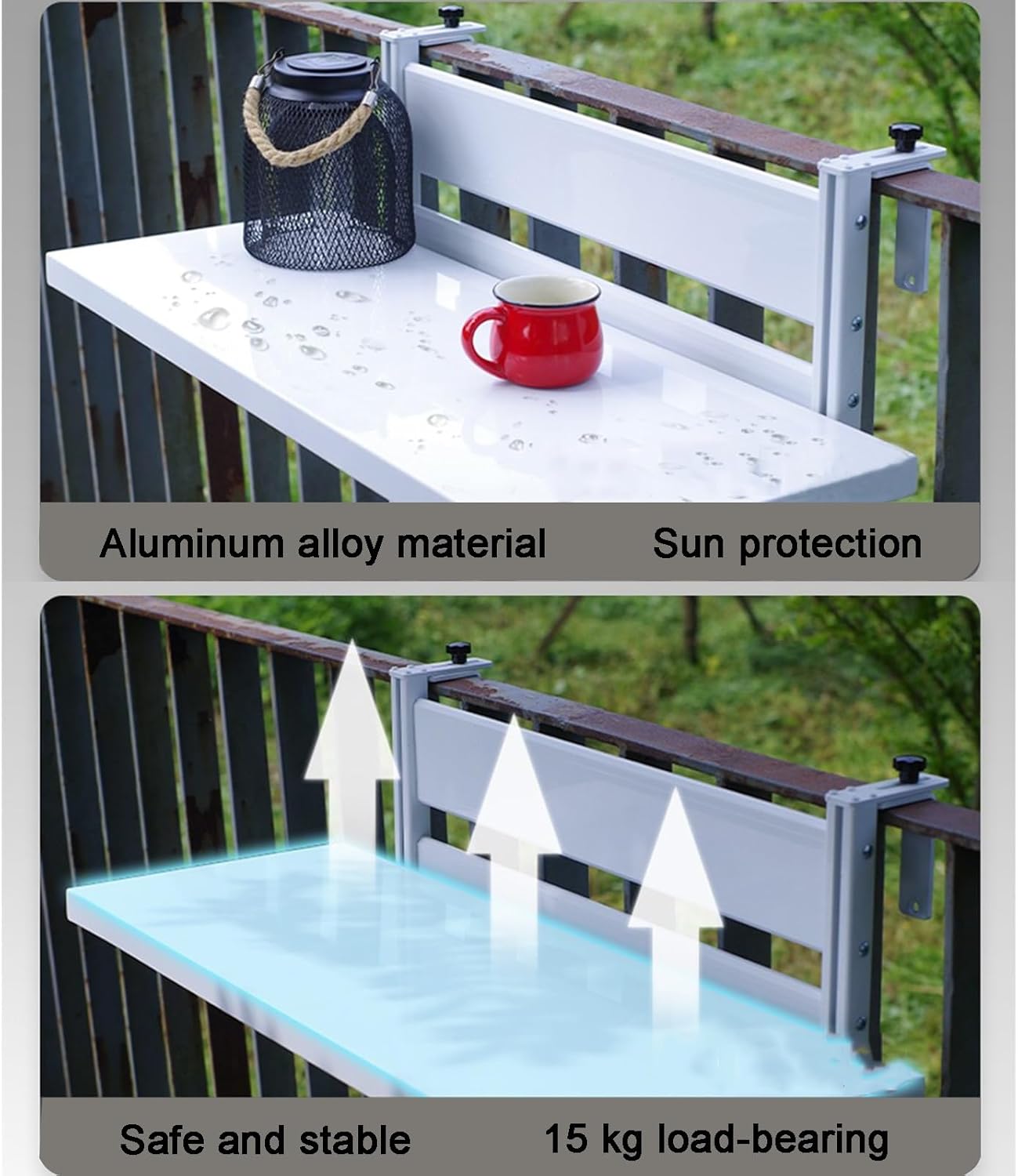 Adjustable Height Foldable Balcony Bar Table for Railing - Space-Saving Outdoor Patio Desk, Small Hanging Garden Furniture (White, 23.6 x 11.8 in)