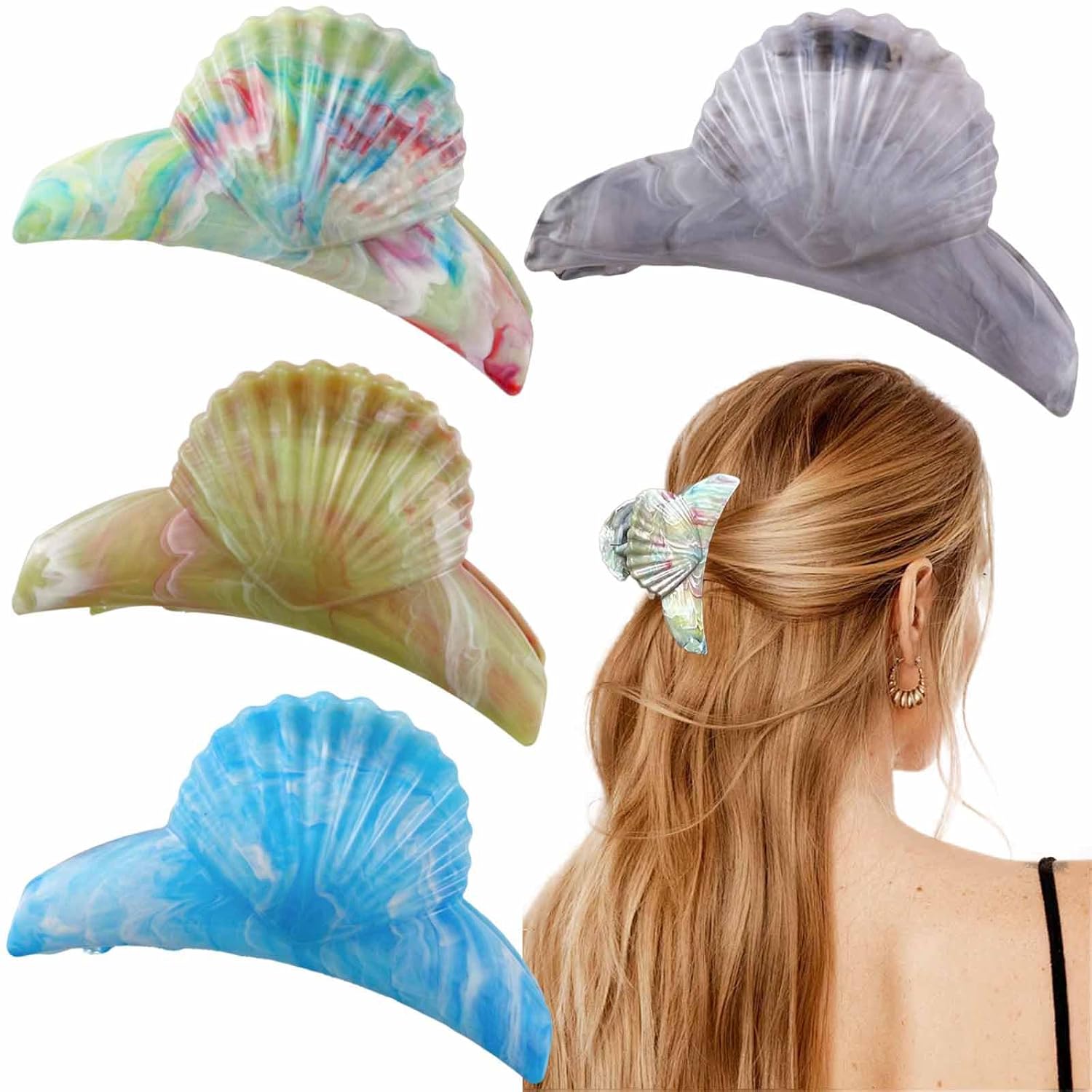4 PCS Sea Shell Hair Claw Clips 4.33 '' Large Seashell Hair Clip Cute Marine Life Barrettes Unique Beach Stylish Hair Accessories for Women Girls for Birthday Parties Mermaid Beach Halloween