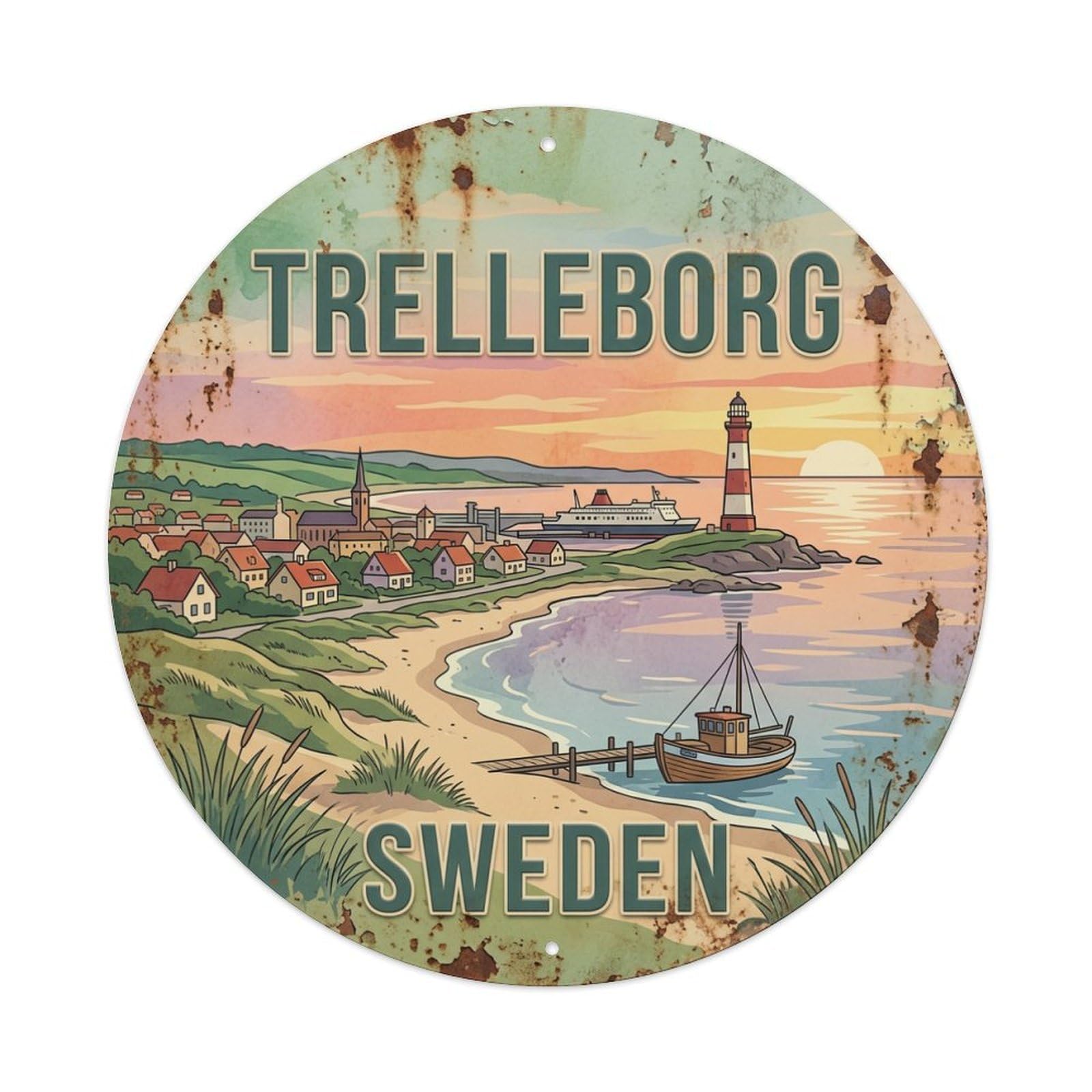 Vintage Travel Trelleborg Sweden Coast Metal Tin Sign