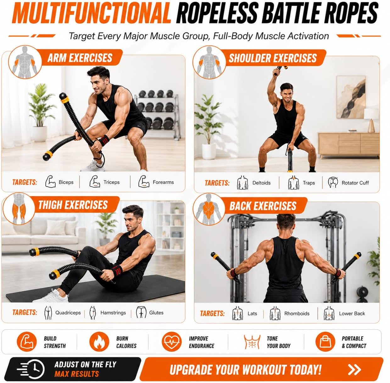 Ropeless Battle Ropes Adjustable Weighted Cordless Battle Rope Sticks for Home Gym, Portable Full Body Workout Equipment for Cardio & Strength Training, Includes Wrist Straps & Carry Bag
