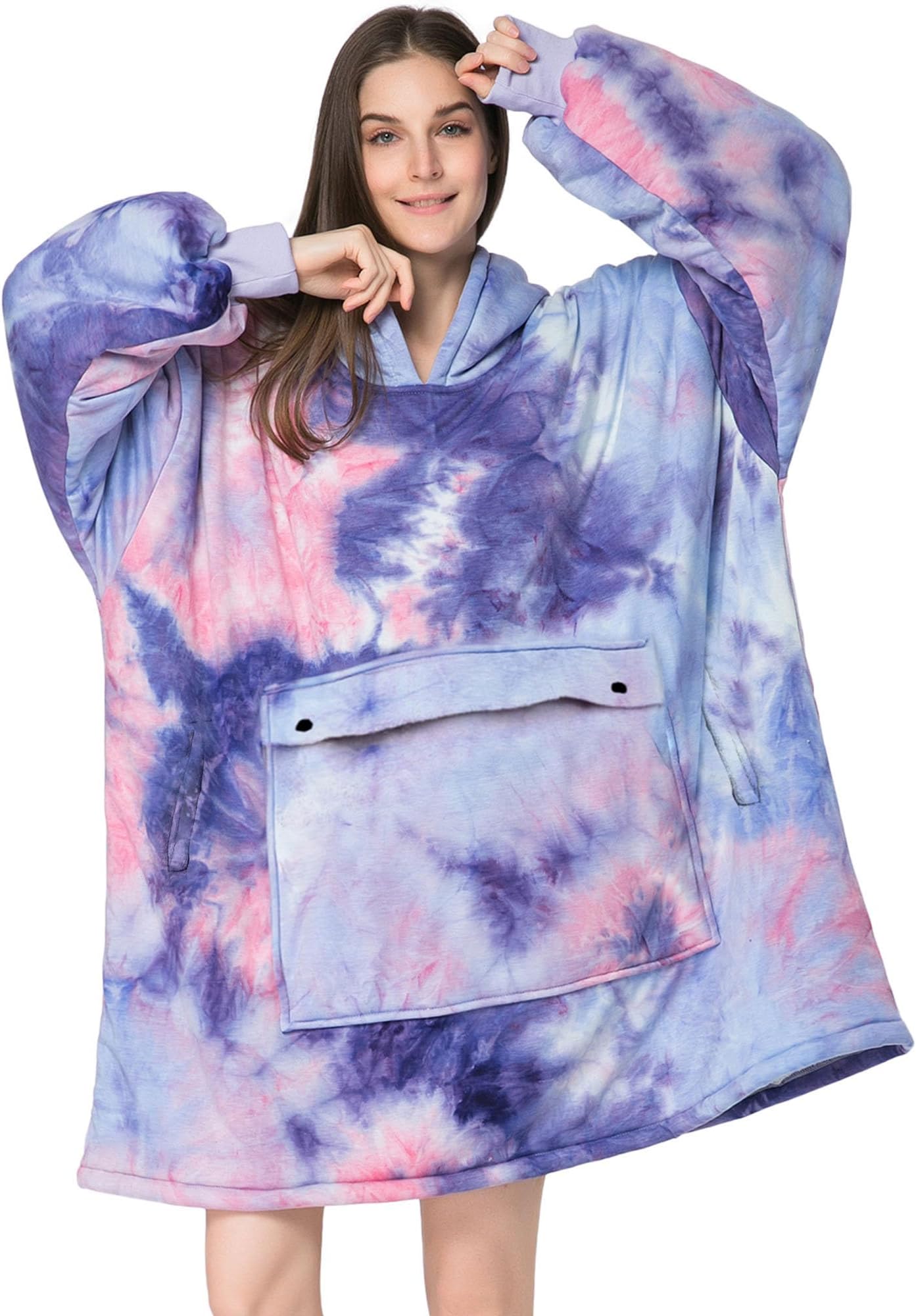 Narecte Purple Tie-Dye Oversized Sherpa Fleece Blanket Hoodie for Women & Men, Super Cozy & Big Wearable Blanket with Giant Pocket