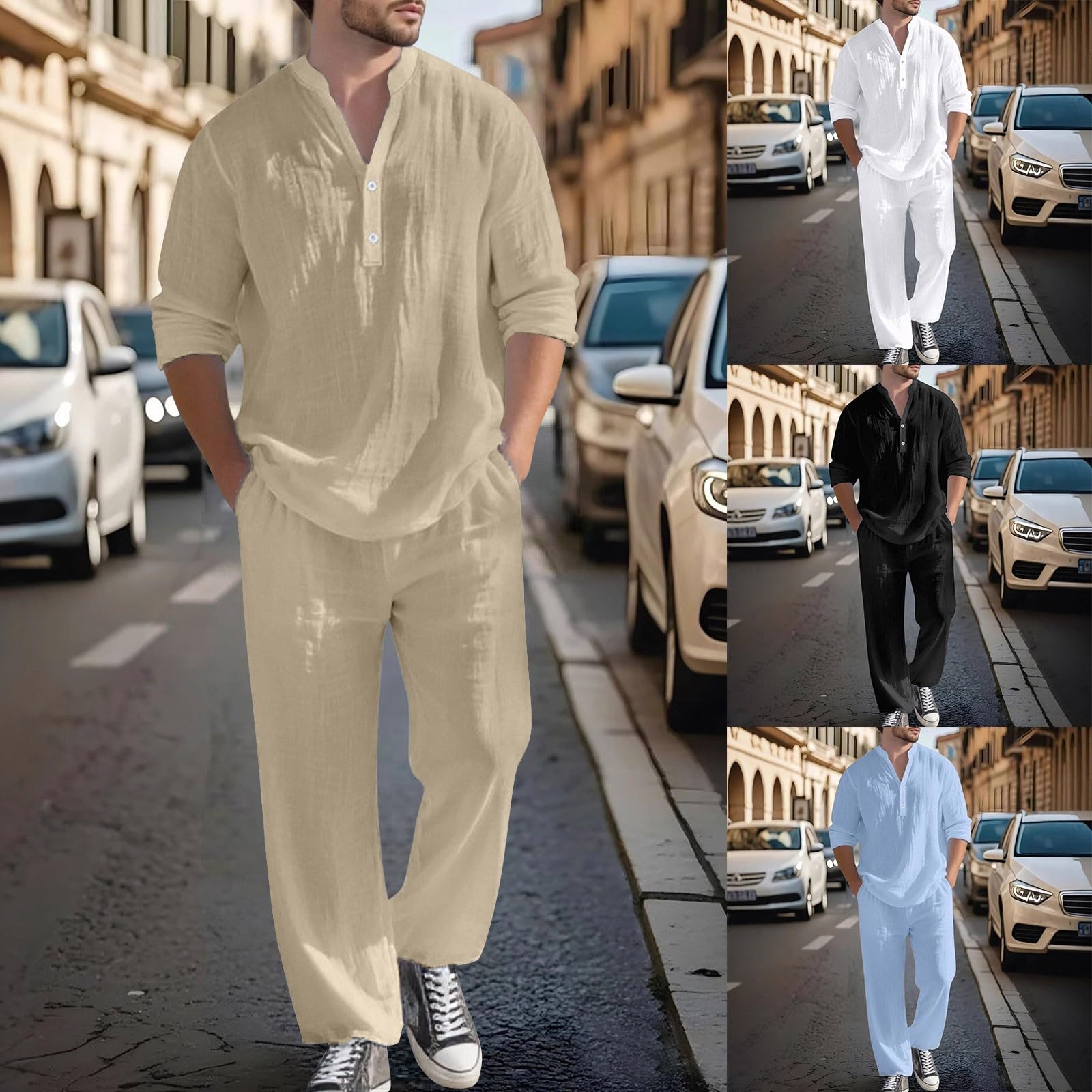 Camisa de lino para hombre, cuello en V, manga larga, pantalones casuales de otoño