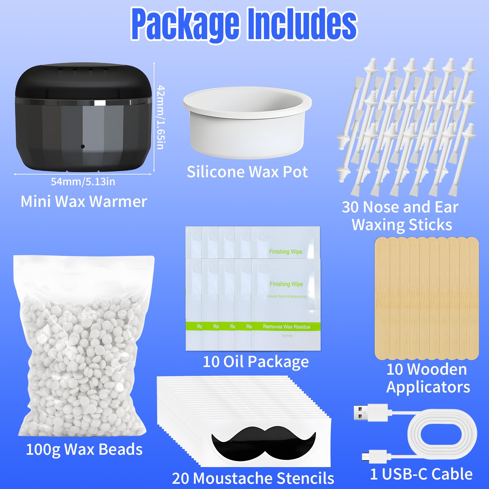 Zestaw do woskowania nosa dla mężczyzn, przenośny zestaw woskowy do usuwania włosów, szybkie podgrzewanie USB, mini dzbanek z woskiem 100 g, 30 patyczków do woskowania uszu nosa, 20 szablonów