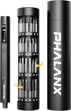 مفك براغي كهربائي PHALANX Mini 3.7V - مجموعة مفكات براغي دقيقة مع بتات مغناطيسية 60 في 1، رف مغناطيسي قابل للتدوير، 5/32Hex، مفك براغي كهربائي لاسلكي للهاتف والكاميرا والكمبيوتر المحمول والساعة باللون الأسود