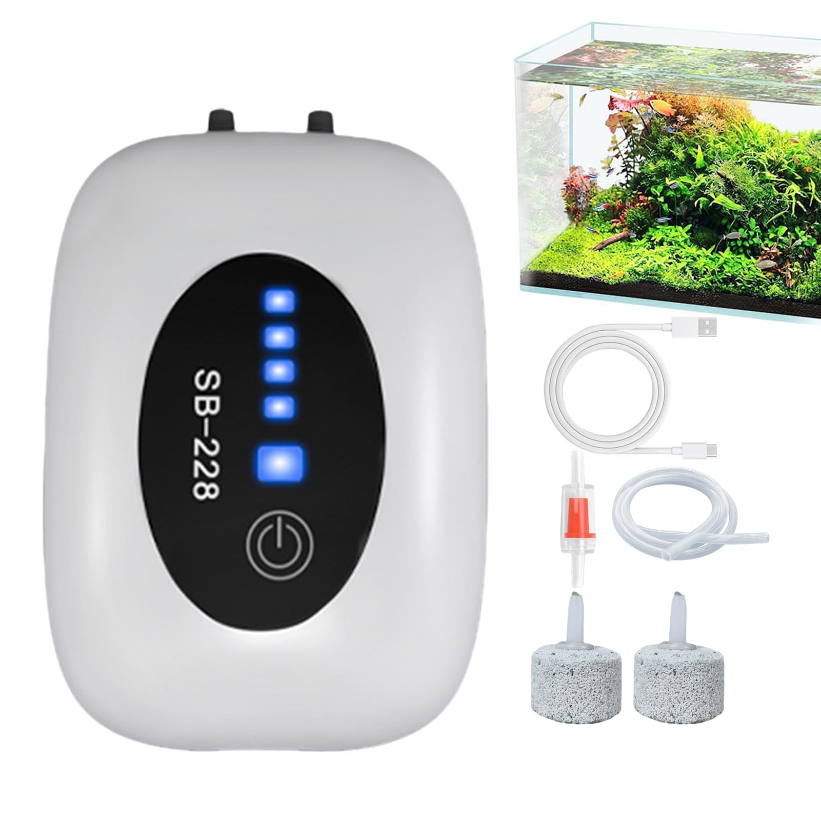 Bomba De Aire para Acuario Aerador portátil Recargable silencioso con 2 | Aerador De Acuario para Estanque Fuente Hidroponía Agua Salada Plantas Vivas Interior Exterior