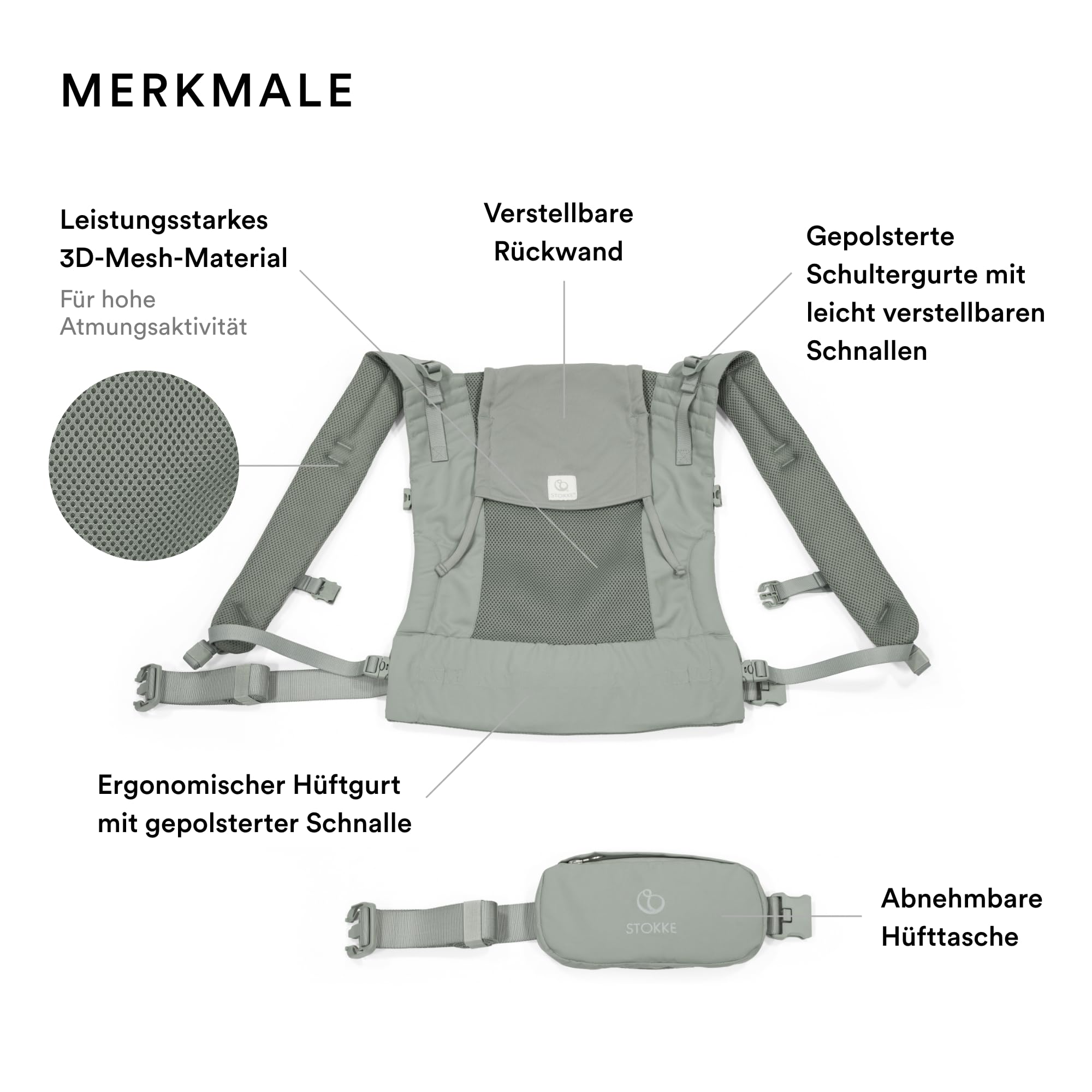 Stokke Limas Mesh, Glacier Green - Atmungsaktive Babytrage mit Hochleistungsstoffen - Sicher für Babys von 1 Monat / 4-15 kg - Inklusive abnehmbarem Beutel für das Nötigste