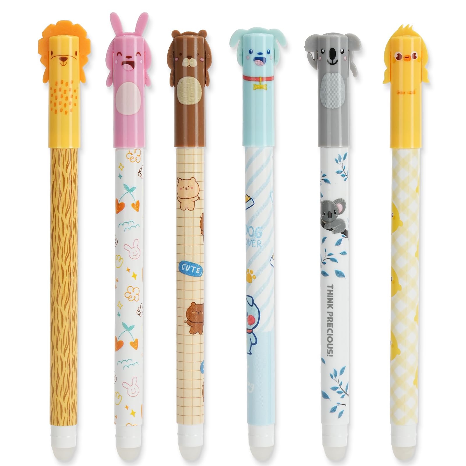 AUAUY Juego de 6 Bolígrafos de Gel Borrables, con Tinta de Borrado Termosensible, Punta de 0,5 mm, con Adorables Dibujos de Animales, Ideales para Papelería y Oficina (Tinta Azul)