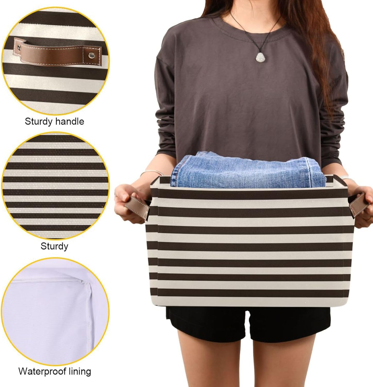 ALAZA Decorative Basket Rectangular Storage Bin, Brown White Striped Organizer Basket with Leather Handles for Home Office