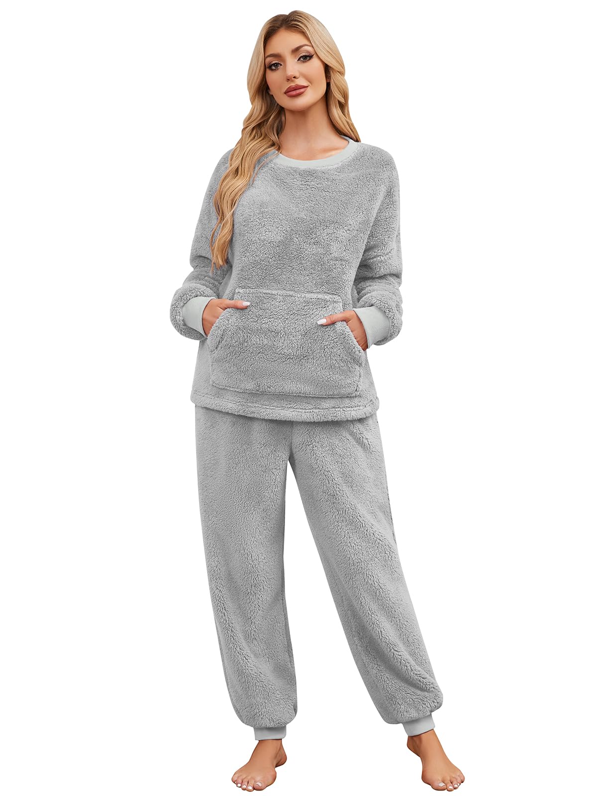 Niwicee Pigiama Donna Invernale Due Pezzi in Pile,Set Pigiami da Notte Felpato Top Manica Lunghe e Pantaloni Lungh con Tasche Pigiama Caldo da Casa per Lounge e Sleepwear S-XXL