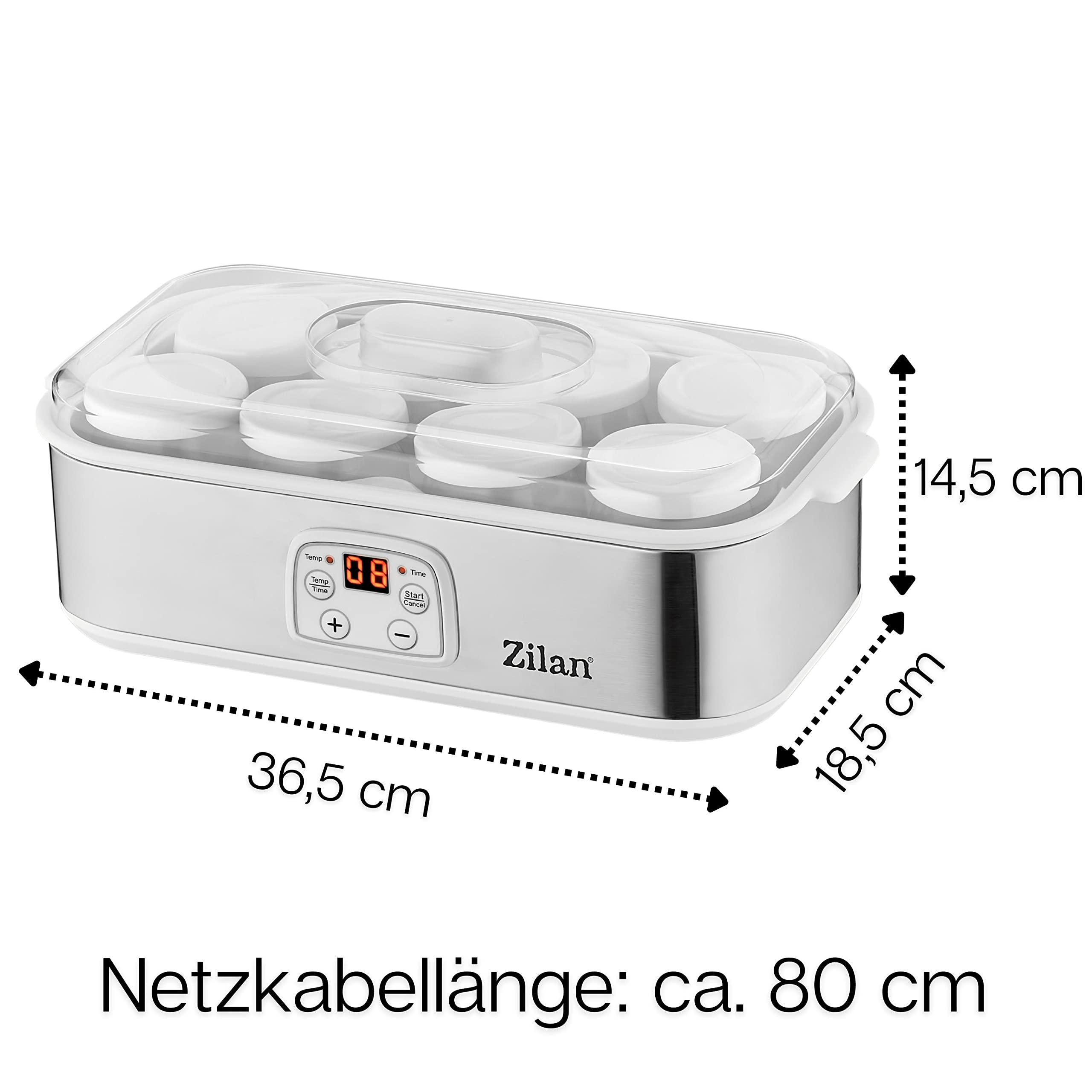 Zilan Joghurt Maker Joghurtmaschine 1,44 Liter 8 Glasflaschen á 180 ml Digitales Display Temperatureinstellung von 20-55°C Joghurtbereiter Joghurtaufbereiter, Weiß