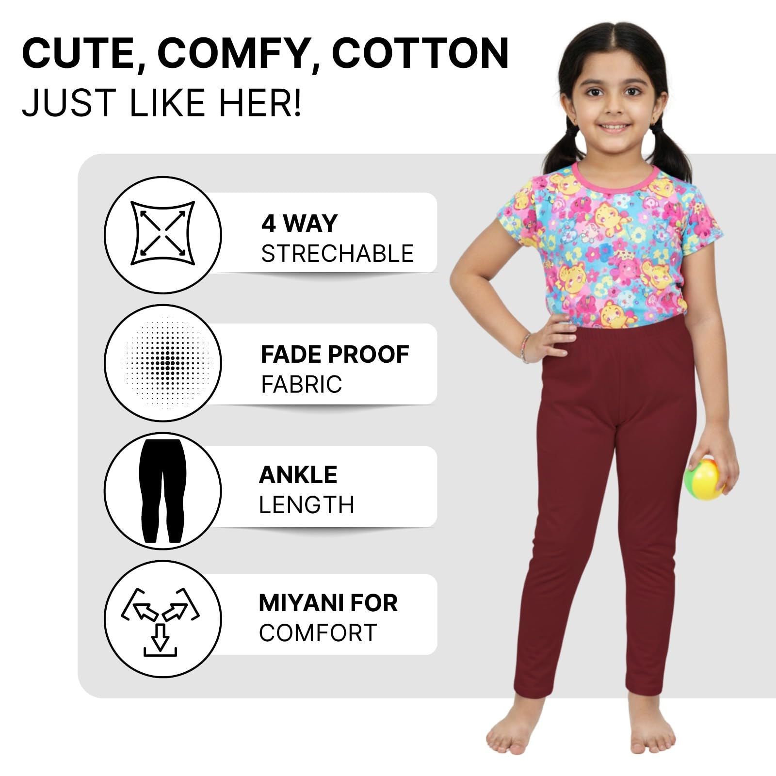 comfycute Cotton Leggings for Girls | Soft Stretchable Plain Ankle Length Bottoms for Kids | Non-Transparent Fabric | Comfortable Regular Fit Daily Leggings for All Day Use | 10-11 Yr Maroon - Image 5 thumbnail