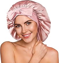 Umisleep 100% 22 Momme Mulberry Silk Night Hat for Sleeping, Soft Silk Double Layer Night Cap for Curly Hair, Breathable, Wide Adjustable Band for Attaching to the Head, Pink
