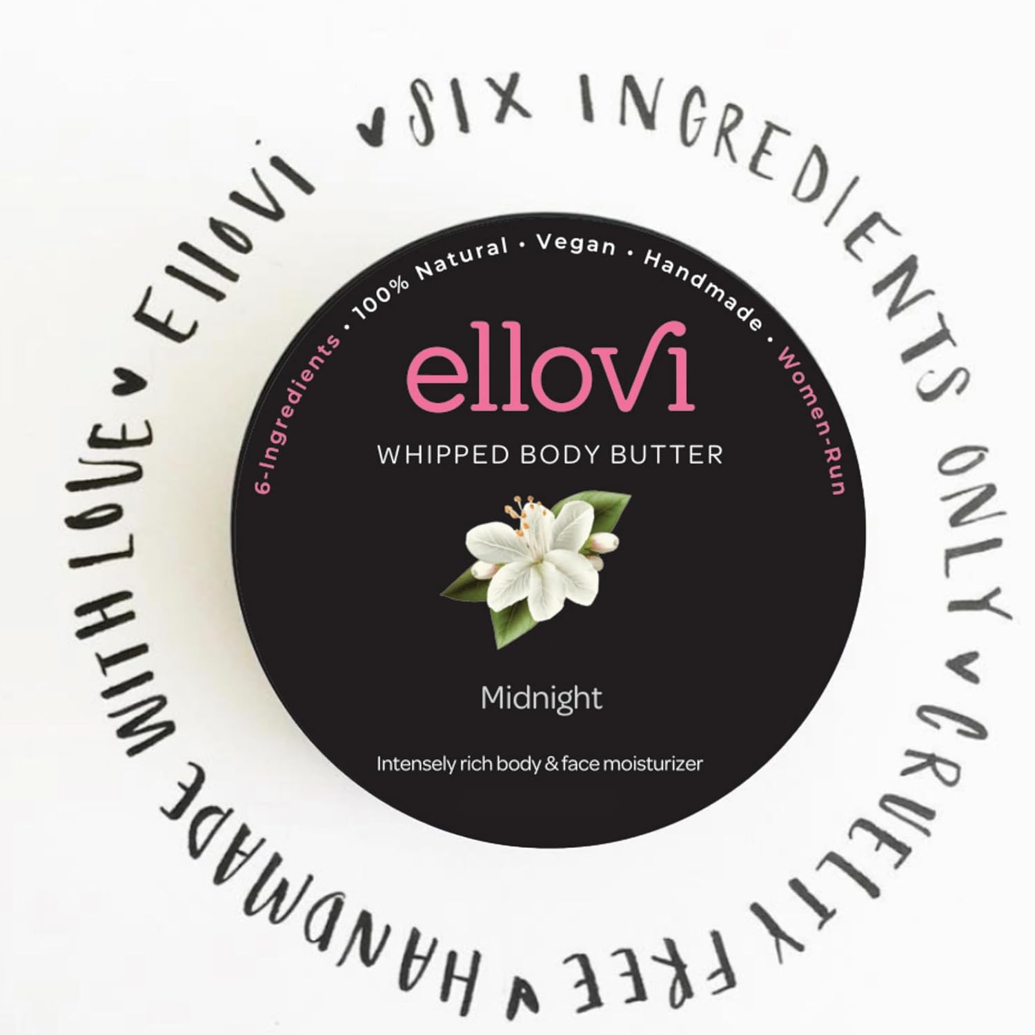Ellovi All-Natural Luxuriously Whipped Body Butter - Midnight - Pure Enough to Eat - Made With Just 6 Vegan Ingredients - 100% Plant-Based Luxury Moisturizer For Naturally Healthy Skin (2 fl. oz/59ml)