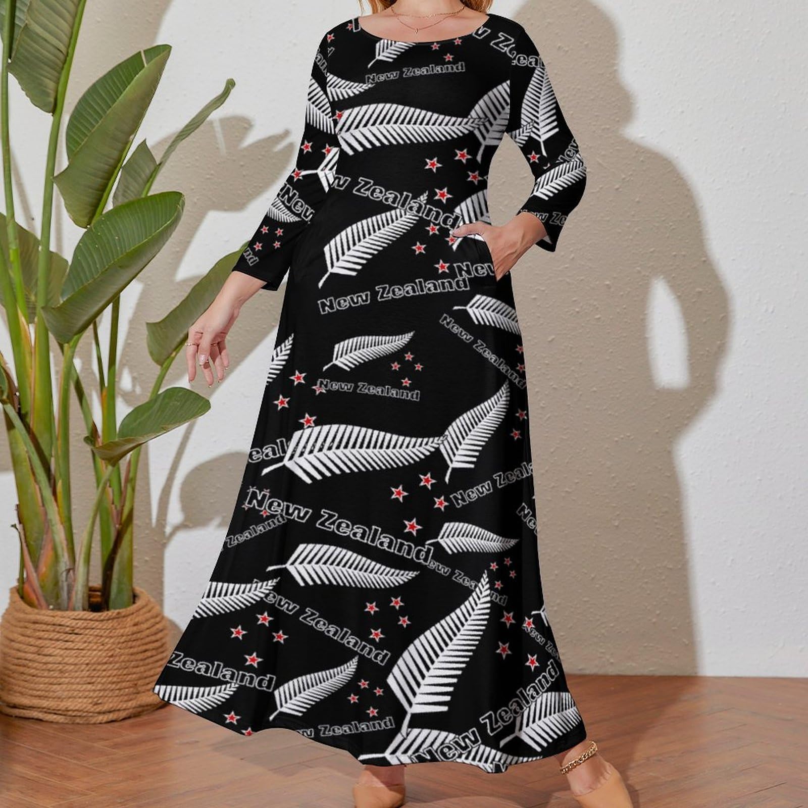 New Zealand Maori Fern Graphic Plus Size Dress For Women Casual Long Sleeve Maxi  Dresses : Amazon.co.uk: Fashion