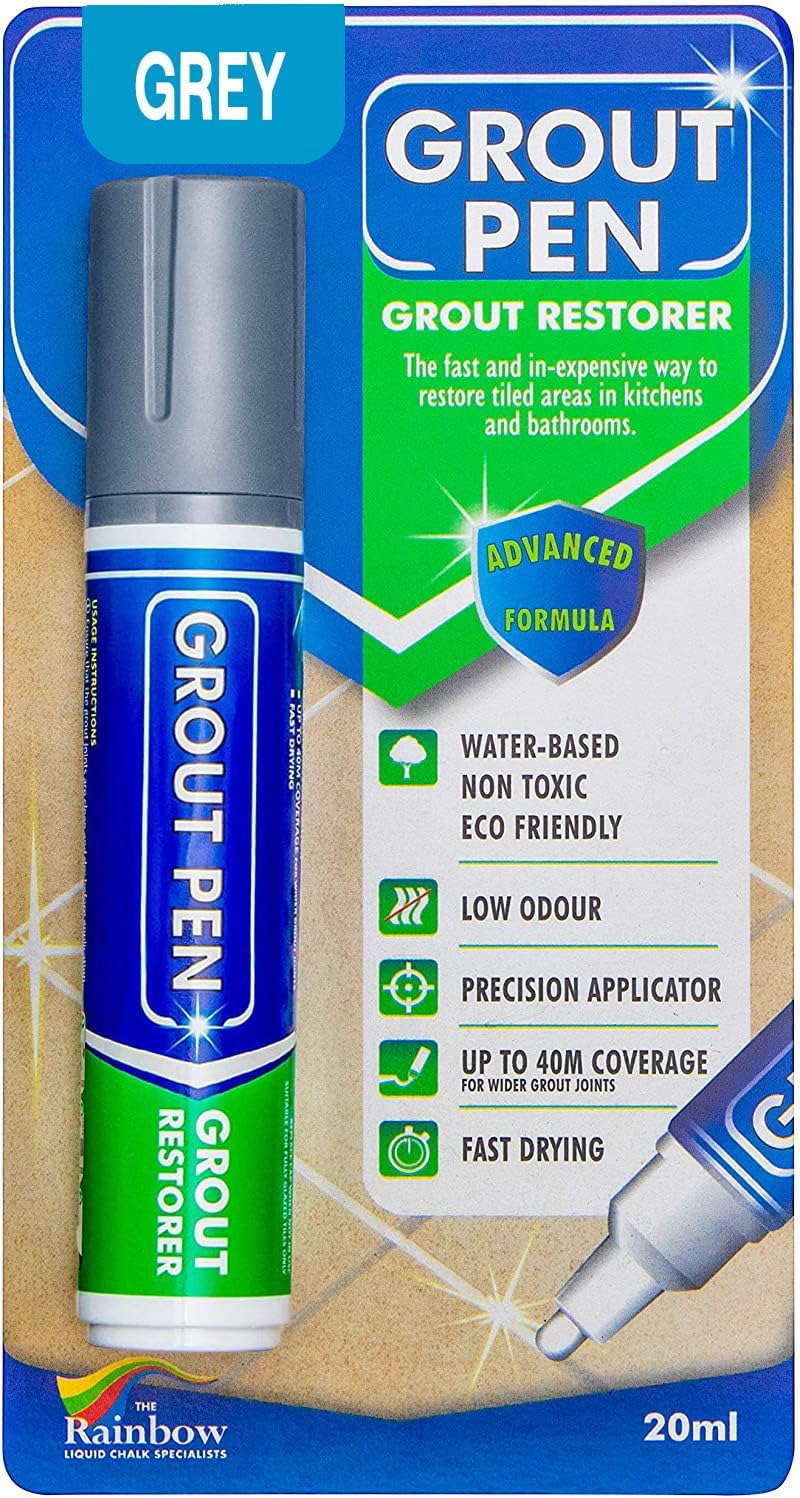 Grout Pen Grey Tile Paint Marker: Waterproof Grout Paint, Tile Grout Colorant and Sealer Pen - Grey, Wide 15mm Tip (20mL)