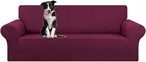 KEKUOU Stretch Oversized Sofa Slipcover 1 Piece Couch Sofa Cover (94"-110") Furniture Protector 4 Seater Sofa with Elastic Bottom for Kids,Pet.Jacquard Checked Pattern Fabric(X Large,Wine)