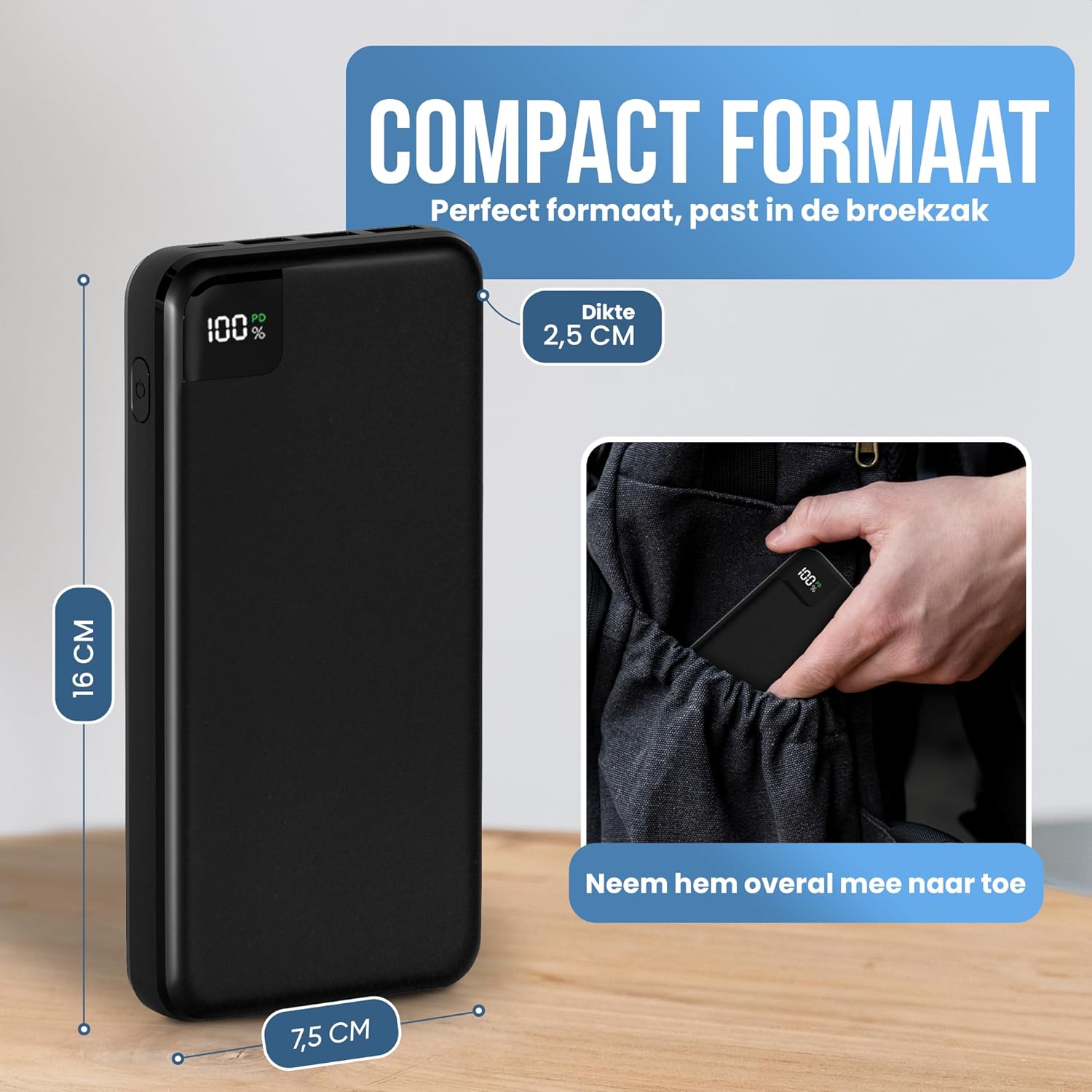 Strex Power Bank dimensions: 16 cm length, 7.5 cm width, 2.5 cm thickness, showing its compact size for portability