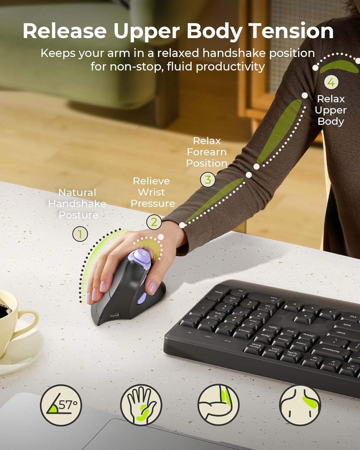 seenda Ergonomic Mouse Wireless, MOU-302 Bluetooth Vertical Mouse Rechargeable, Volume Knob, Quiet Mice with 1000/1600/2400 DPI, 3 Multi-Device Connectivity for Computer/PC/Laptop/Mac, Black Purple