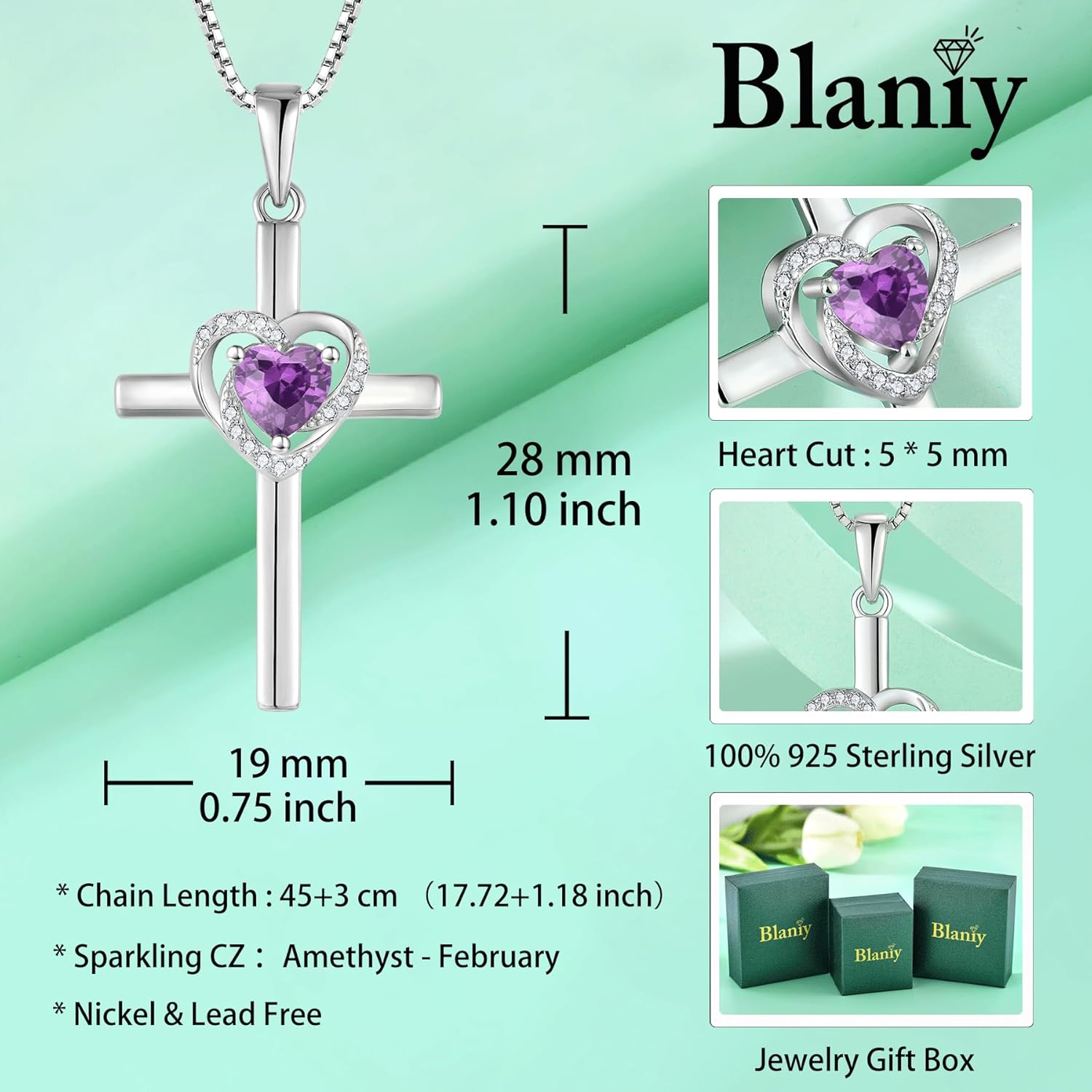 Cross Necklace for Women 925 Sterling Silver Heart Cross Necklace Birthstone Created Gemstone Pendant Jewelry Gifts for Women - Image 6