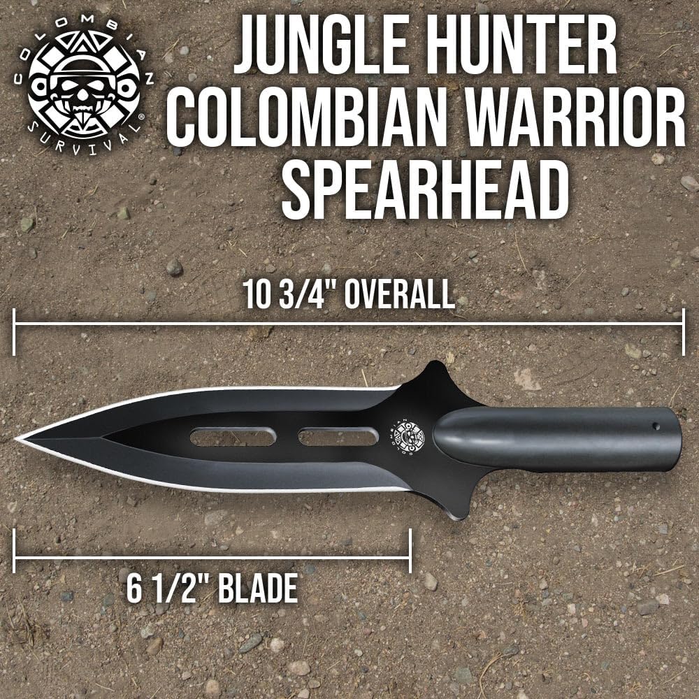 Jungle Hunter Colombian Warrior Spearhead | 6 1/2" SK5 High Carbon Steel Blade | Nonreflective Black Oxide Coating | Includes Nylon Belt Sheath | 10 3/4" Overall