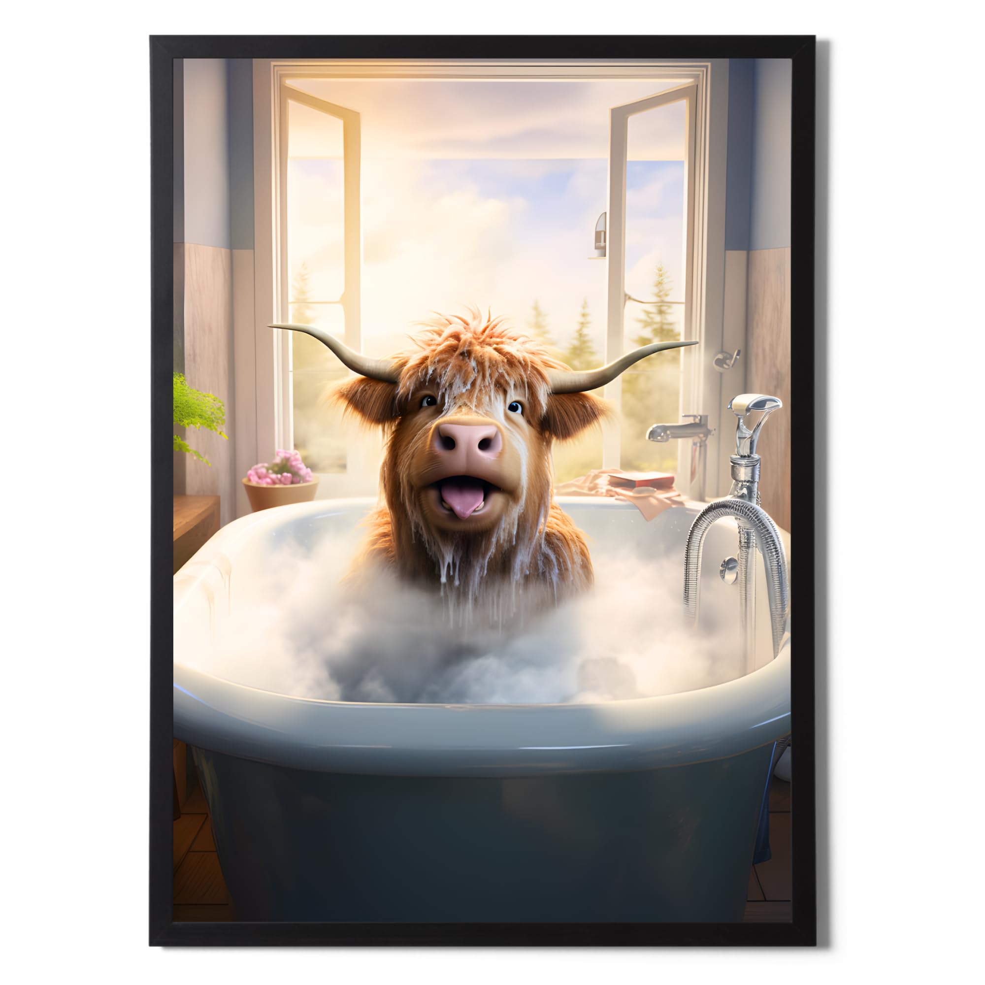 State Media Vision Highland Cow in Bath Poster - Funny Bathroom Wall Art - Animal Home Decor - Variety of Sizes (Highland Cow in Bath, A4 Black Framed)