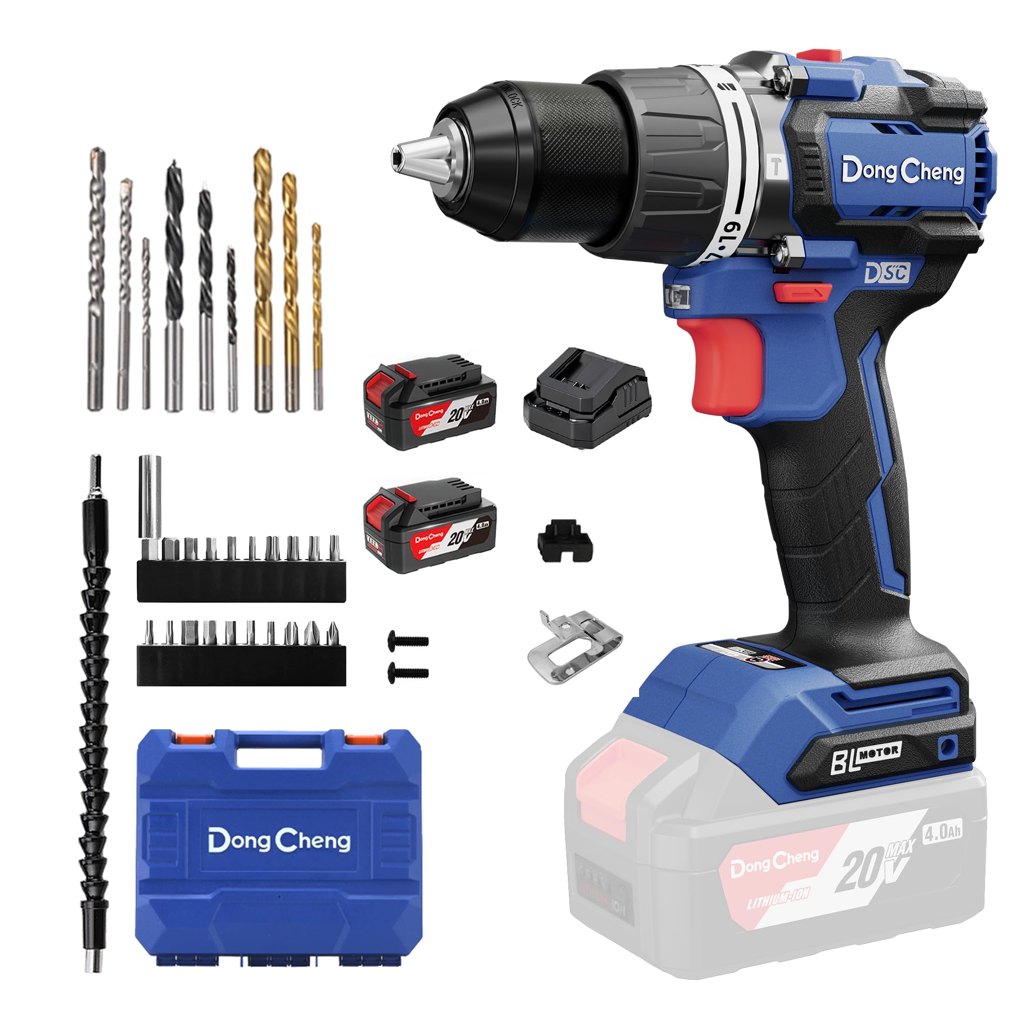 Dong Cheng Taladro de Percusión Inalámbrico 20V 90Nm, Taladro Percutor Batería Brushless, 2x 4,0Ah, 3 Modos-Atornillar, Perforar y Percuto, Portabrocas de 13 mm, 2 Velocidades, 19 Niveles de Par