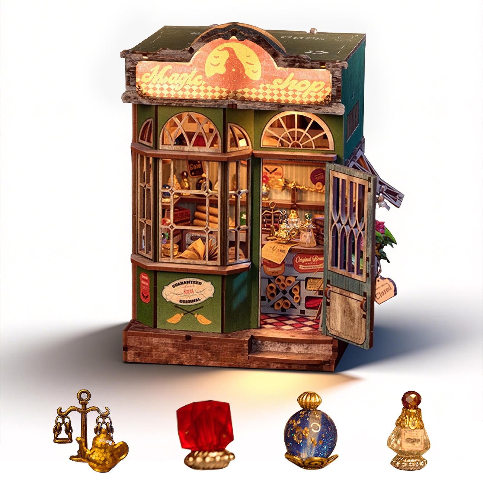 Cuteefun Miniature House Kits for Adults Magic Book Nook Craft Kit with Touch Lights, DIY Bookshelf Decor