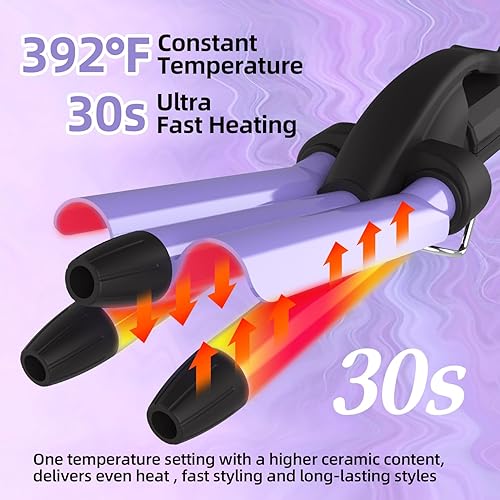 Miniatura 7 de Plancha rizadora de pelo de 12 pulgada, mini rizador de cabello para mujeres, ondas de playa, rizador de 3 barriles con turmalina de cerámica,