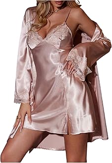 WDIRARA Women's Sexy Lace Cami Sleepwear Slip Satin Nightgown with Robes Set 2 Piece Spaghetti Strap Nightwear