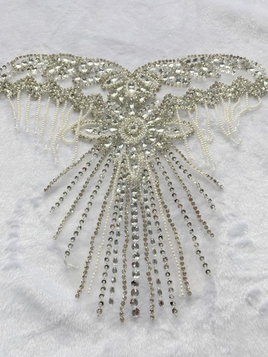 Unique Tassel Decorative Appliques Pure Handsewing Beads Rhinestones Trim Patches Luxurious Design Accessories for The Chest of Clothes Dress (Silver)