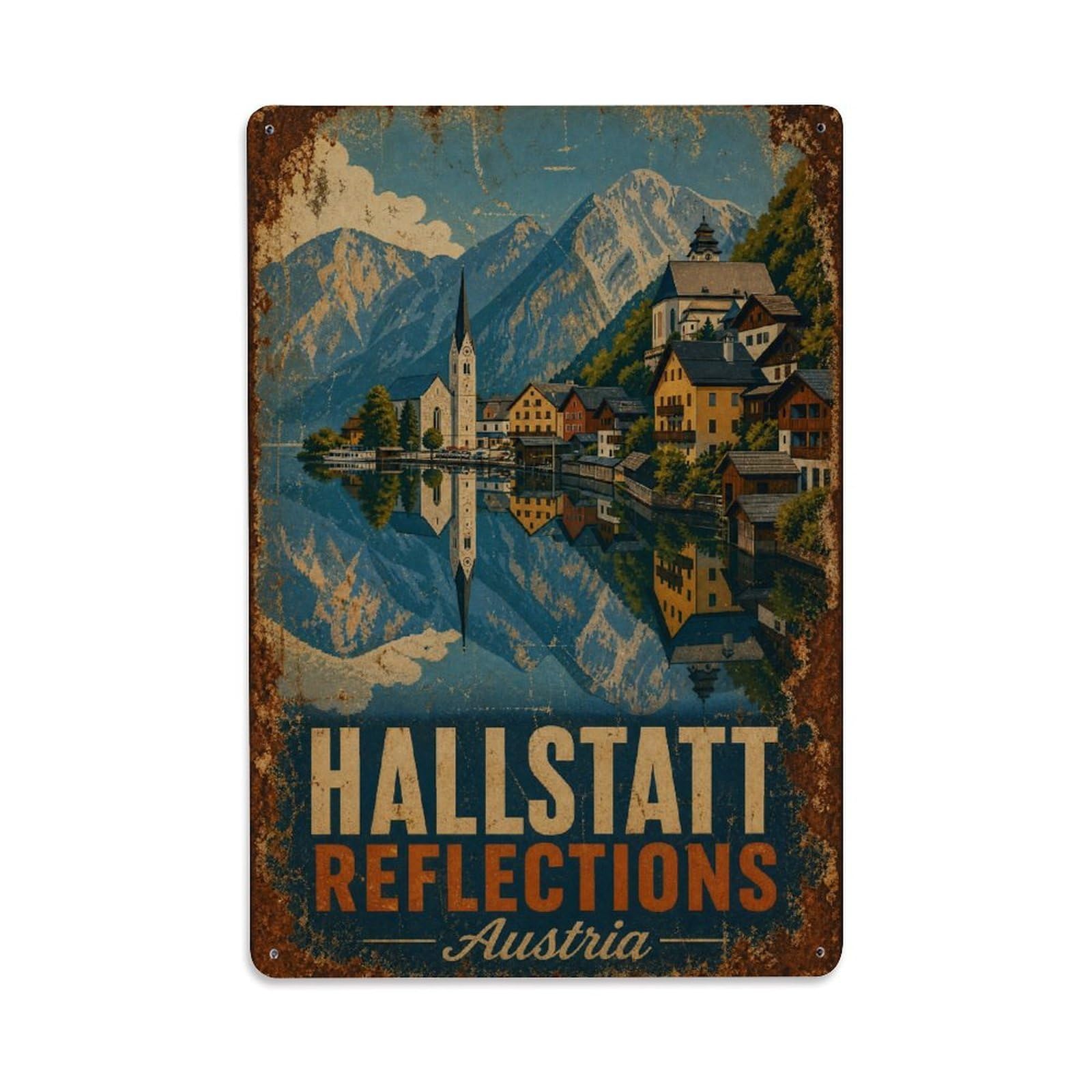 Gead 8X12inch Style Vintage Travel Hallstatt Austria Reflections Metal Tin Sign