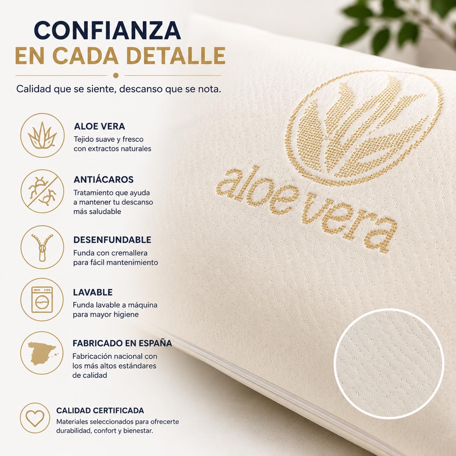 Almohada Viscoelastica Pack 4 Almohadas 60x40 Aloe Vera Desenfundables | Viscoelástica, Pack de 4 Unidades, 60x40 cm, Aloe Vera, Funda, para Dormir