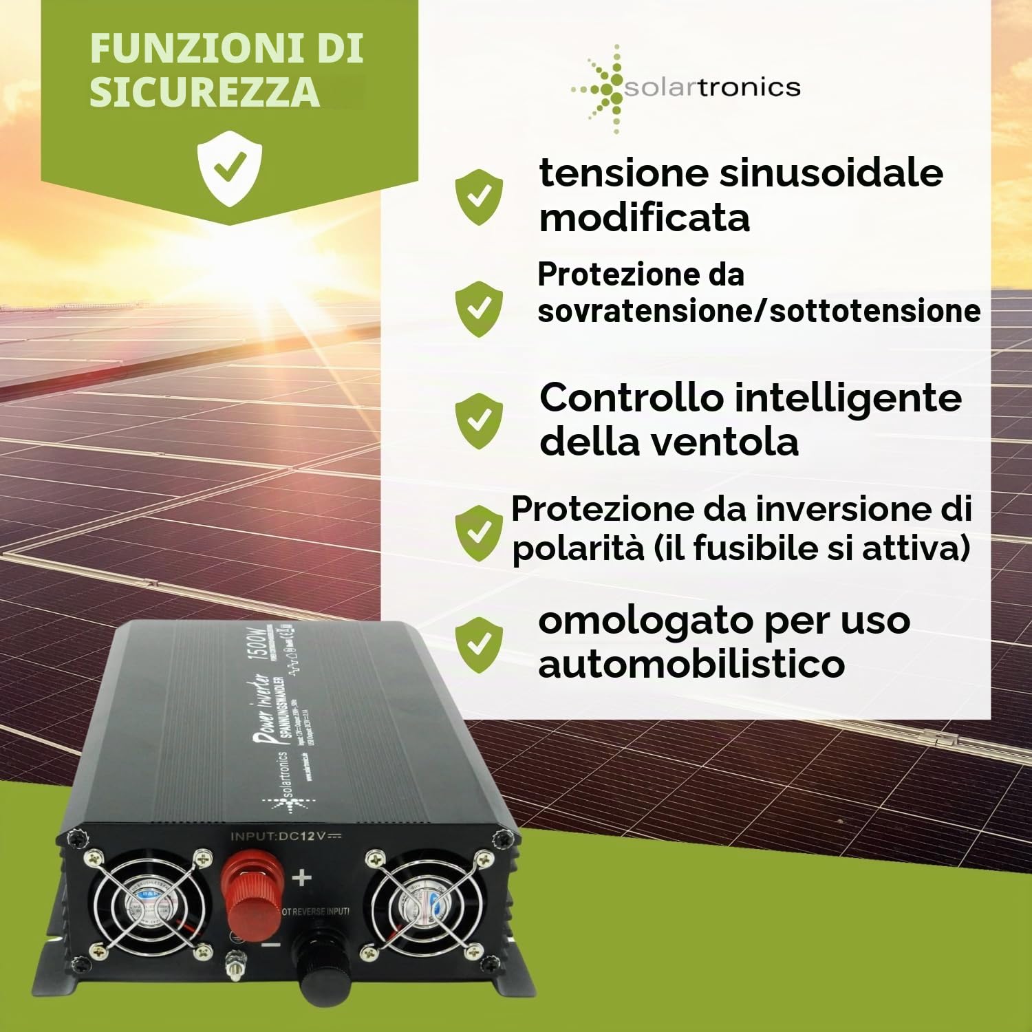 SOLARTRONICS Trasformatore di tensione NM1500, 12 V, 1500 Watt, nero, potenza di picco 3000 Watt, inverter da 12 V a 230 V, compatibile con batteria LiFePO4, al litio, al piombo o AGM, con porta