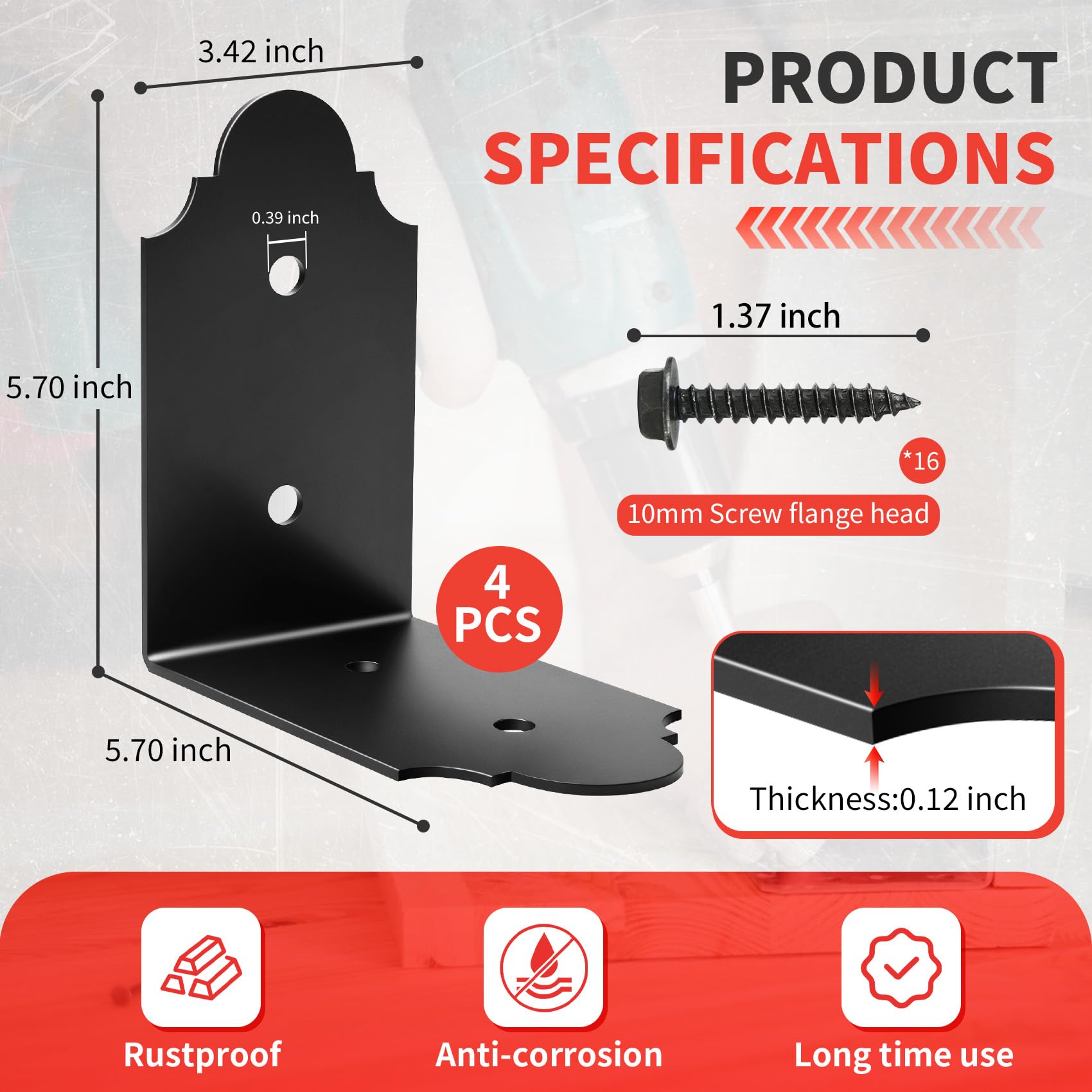 4 Pcs Heavy-Duty L Angle Yards 90 Degrees Bracket for Wood, Internal Connection for Joining Posts and Beams After Butt Joints, Thickness 3 mm, Complete with 16 Screws, Black Angle Iron