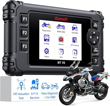 iCarsoft MT V6 Motorcycle Diagnostic Tool for BMW Full System 115 Reset /197 Actuation Test, Motorbike+Car OBD2 Scanner Code Reader with ABS Bleeding, Throttle Valve Reset, Battery Test, AutoVIN