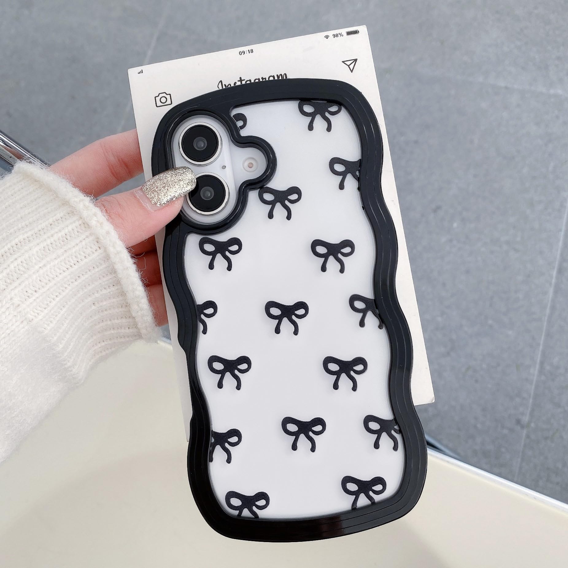 QLTYPRI Bow Case for iPhone 16, Clear Cute Ribbon Bow Phone Case Curly Wavy Aesthetic Phone Case, Slim Soft Transparent Shockproof Protective Cover for Women Girls - Black