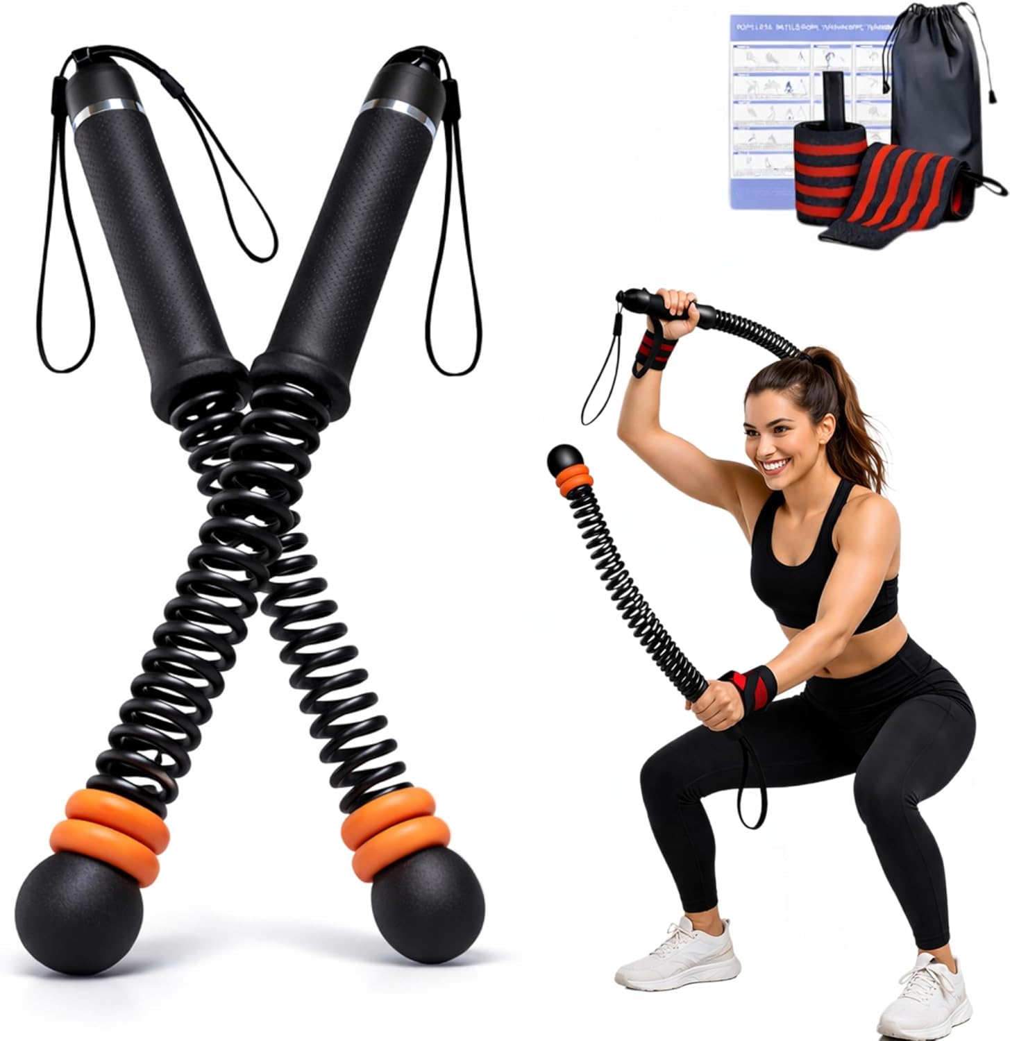 Ropeless Battle Ropes Adjustable Weighted Cordless Battle Rope Sticks for Home Gym, Portable Full Body Workout Equipment for Cardio & Strength Training, Includes Wrist Straps & Carry Bag