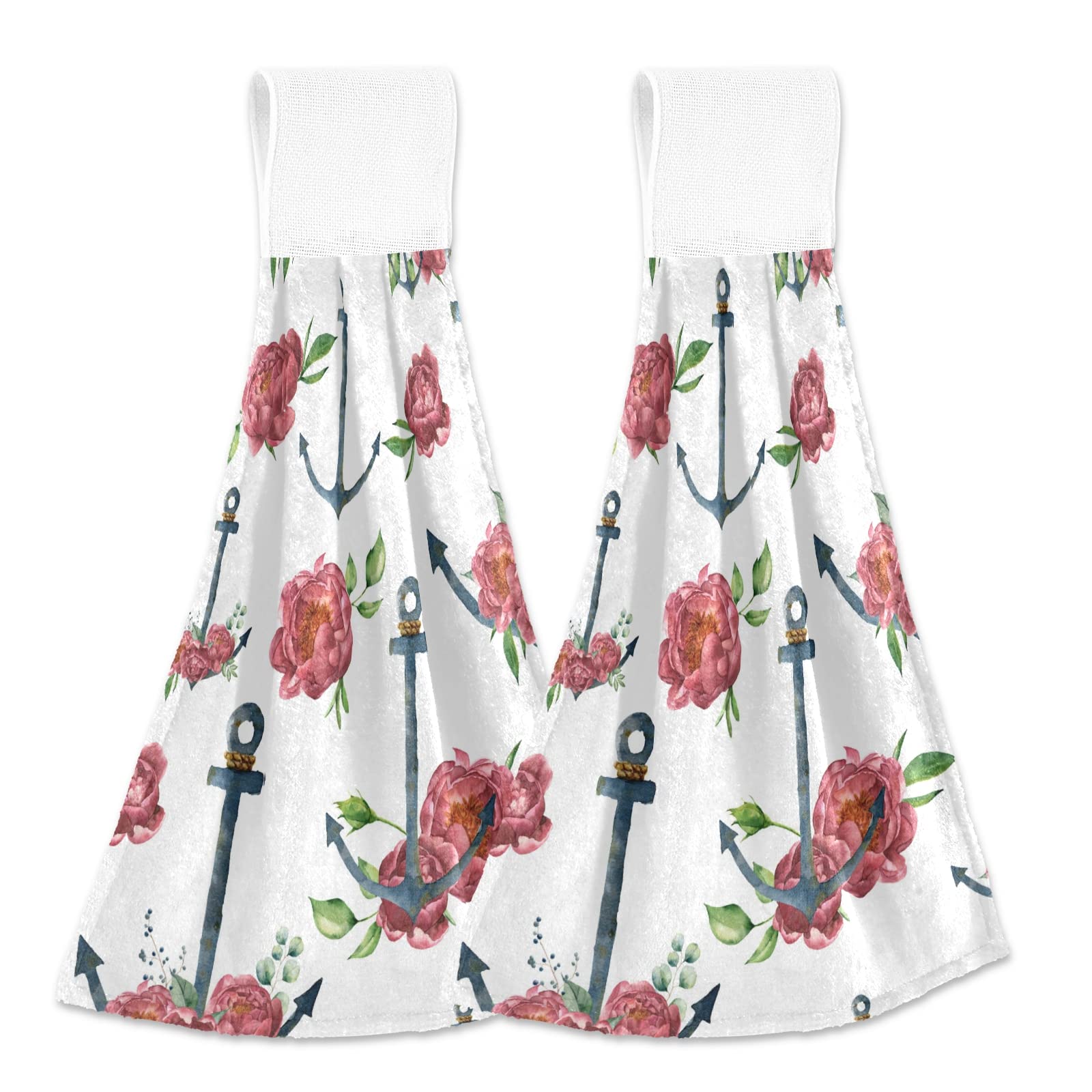 Photo 1 of 2 Pack Fingertip Towel with Hanging Loop Printed Vintage Decorative Drying Hand Towels for Bathroom, Small Microfiber Kitchen Towels 14 x 18 Inches Anchor Small