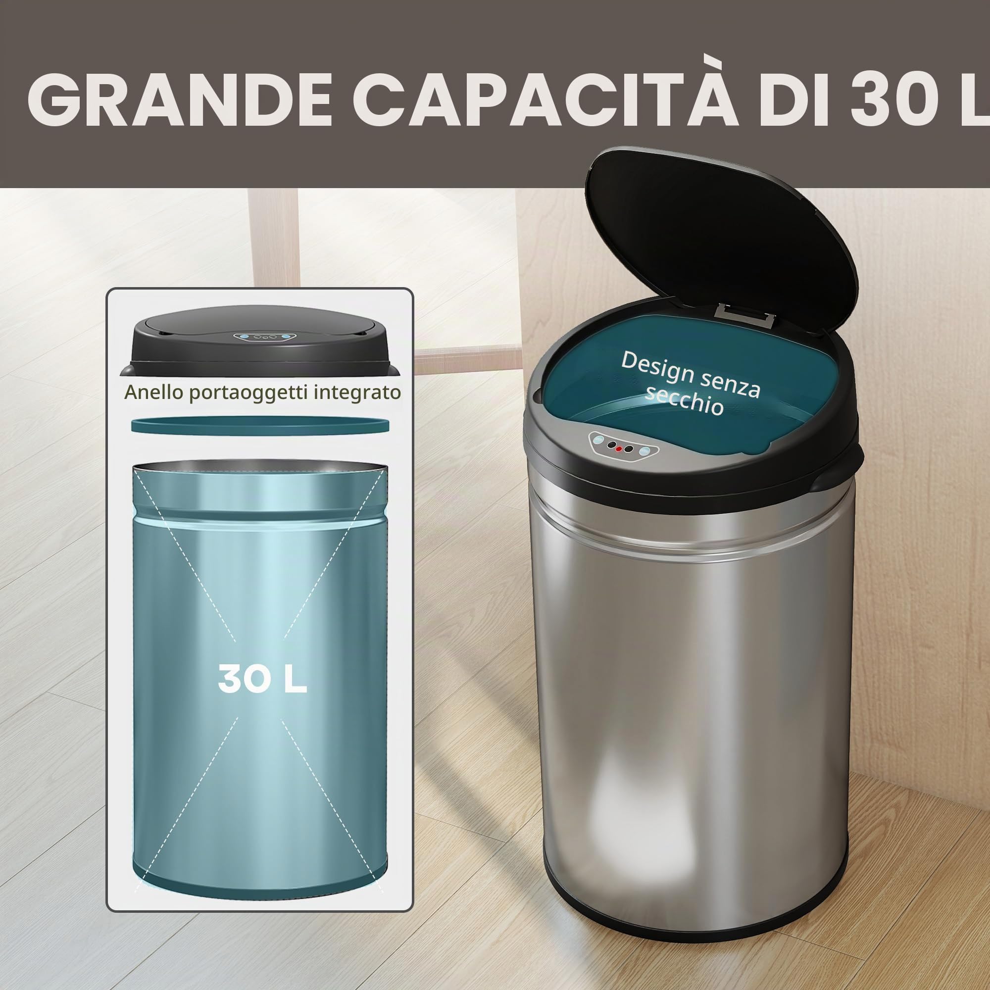 HOMCOM Secchio sensore 30L Acciaio inox Automatico Argento Silenzioso | Coperchio a chiusura morbida, sensore di movimento, cestino antimpronta per ufficio, camera da letto, cucina.