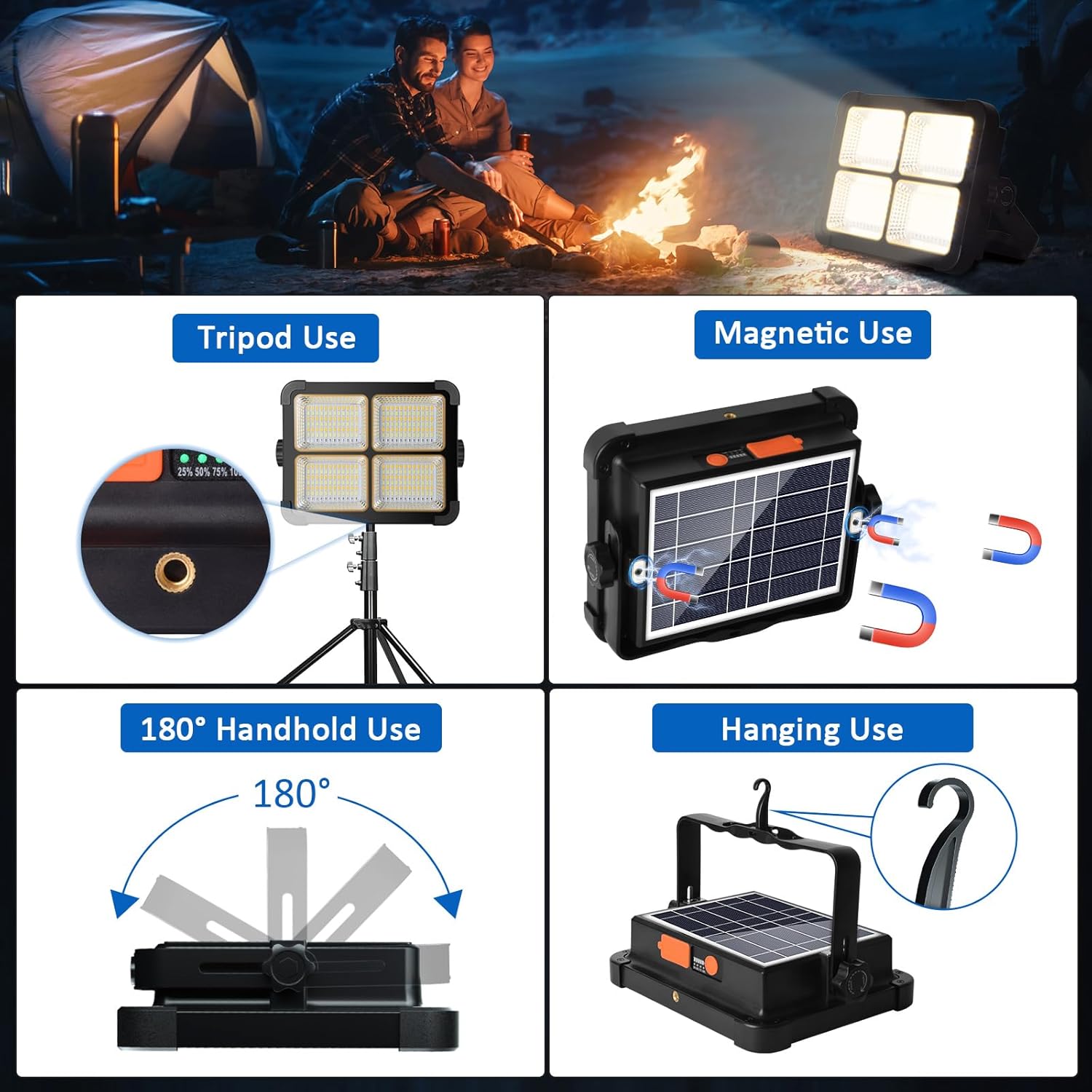 100W Rechargeable Work Light, 12000mAh Solar Work Lights, 336 LEDs Flood Light, 4 Lighting Modes& Stepless Dimming, Portable for Camping, Car Repair, Power Cut, Emergency - Image 5
