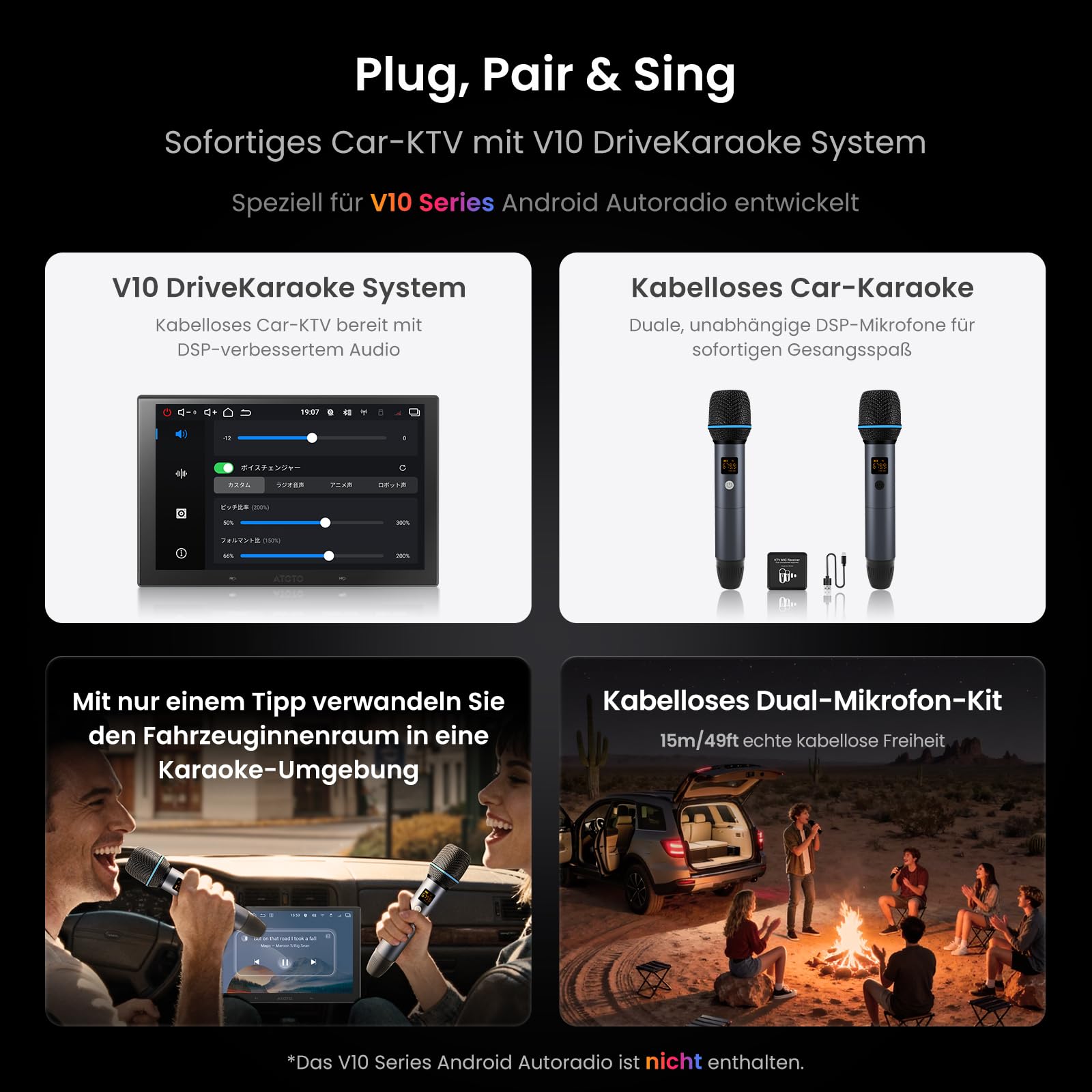 Drahtloses Mikrofon-Set, Zwei wiederaufladbare Handmikrofone mit Empfänger, 15m Reichweite, 6h Betrieb, Kompatibel mit V10-Serie Autoradios für Karaoke-Partys